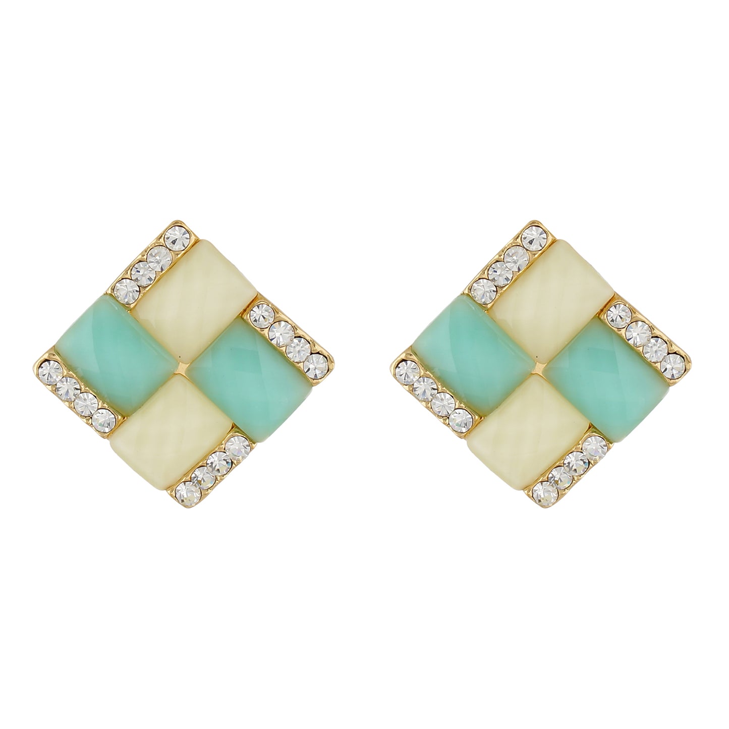 Green and Cream Colour Rhombus Shape Ear Studs for Girls and Womens