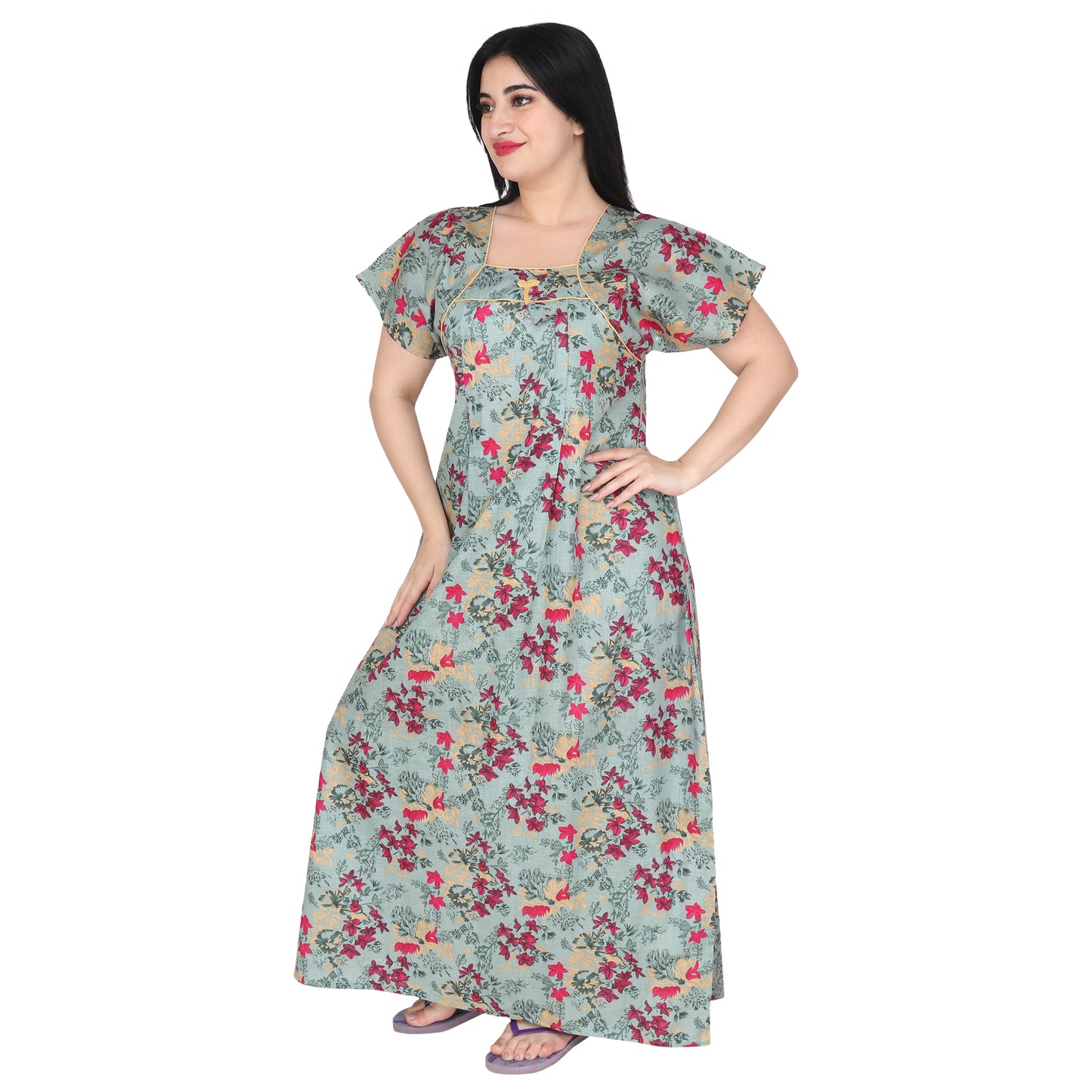 Printed Cotton Maternity Feeding Nighty For Women - Green