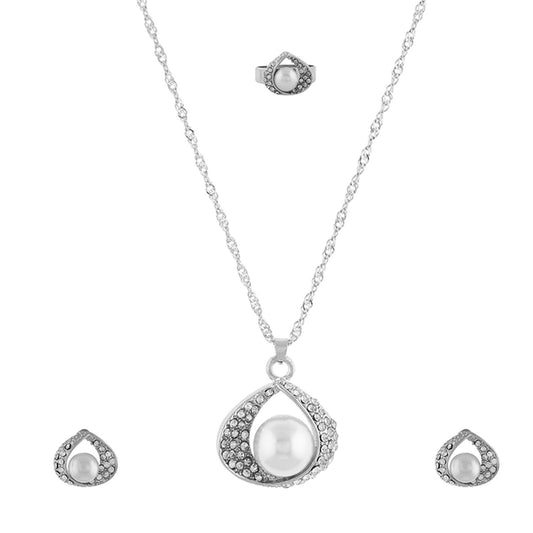 Silver Matinee  Pendant Set  With Hangings & Ring For Girls and Women