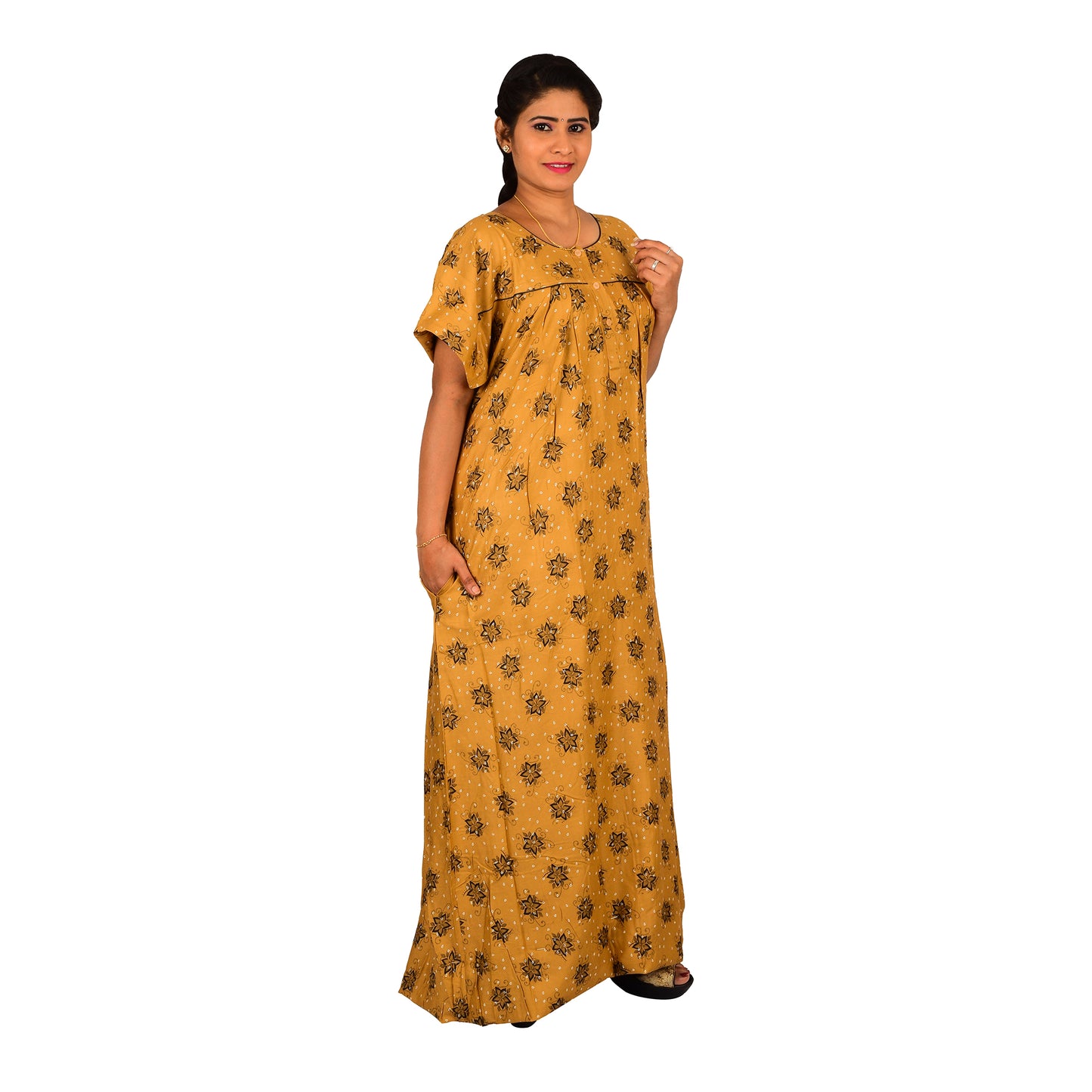 Printed Rayon Nighty For Women - Brown