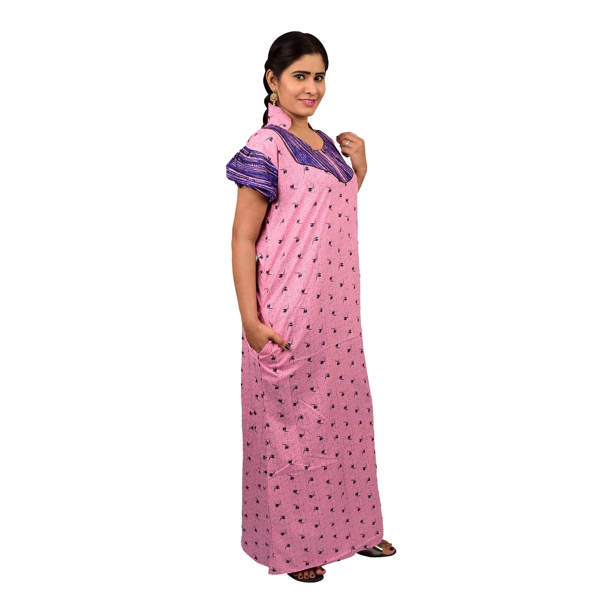 Printed Cotton Nighty For Women - Pink