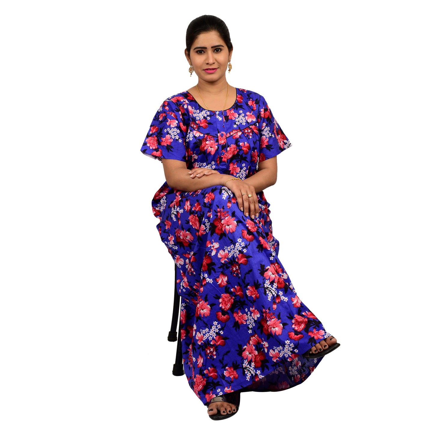 Printed Cotton Nighty For Women - Blue