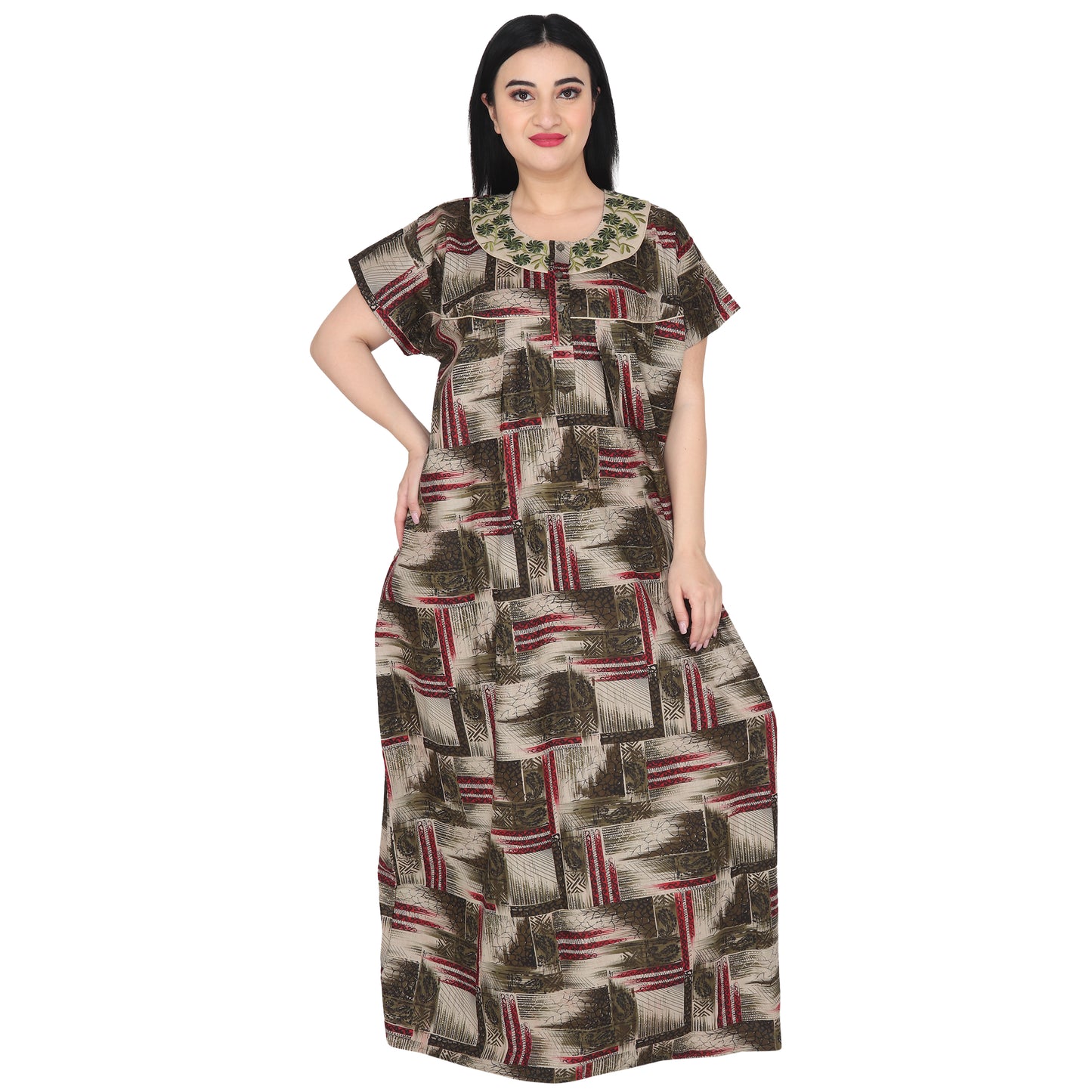 Embroidery Printed Cotton Nighty For Women - Green