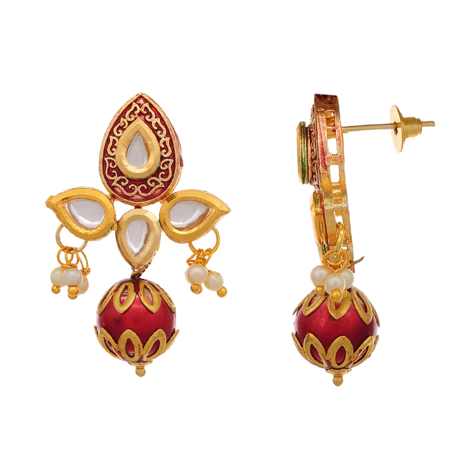 Gold Plated Enameled Kundan Meenakari Beaded Necklace with Earrings Set for Women (Red)