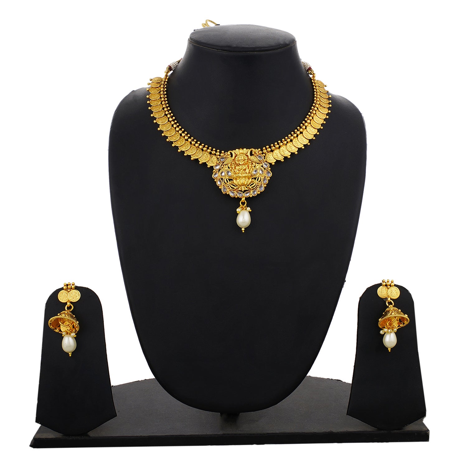Gold Plated Goddess Lakshmi Coin Design Necklace Earrings Jhumki Jewelry Set for Women