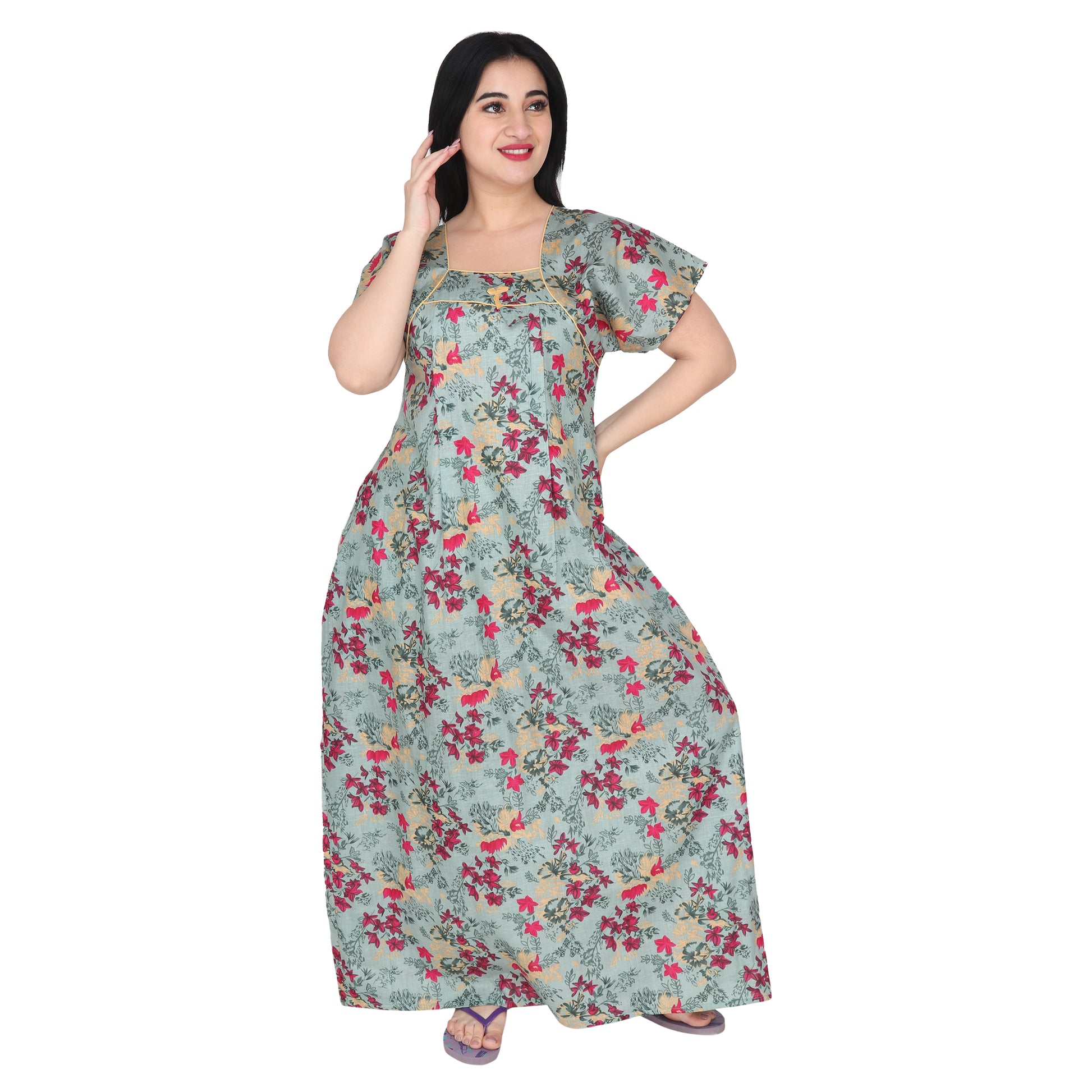 Printed Cotton Maternity Feeding Nighty For Women - Green