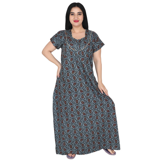 Printed Cotton Nighty For Women - Blue