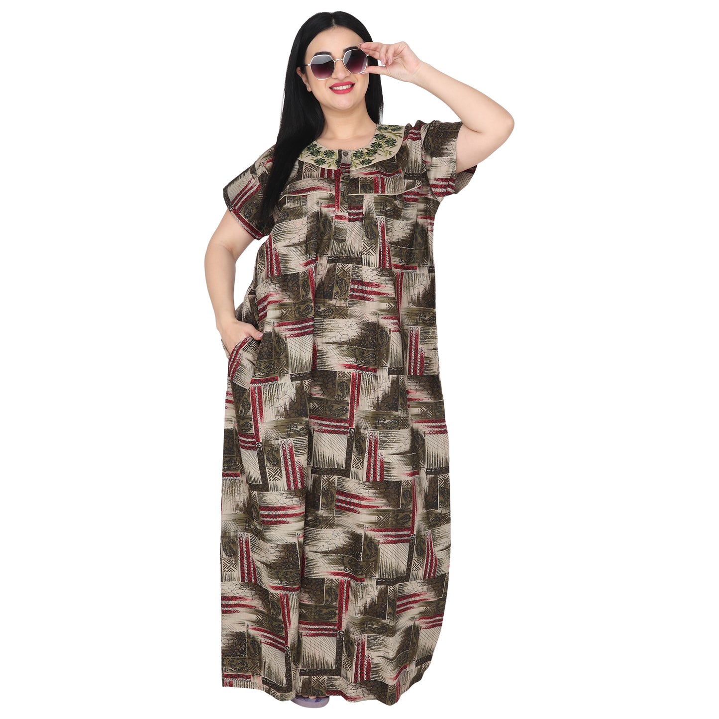 Embroidery Printed Cotton Nighty For Women - Green