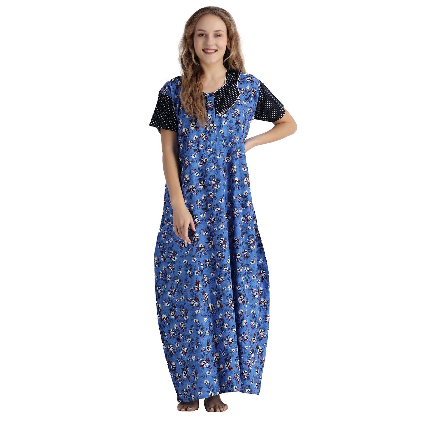 Printed Cotton Nighty For Women - Blue