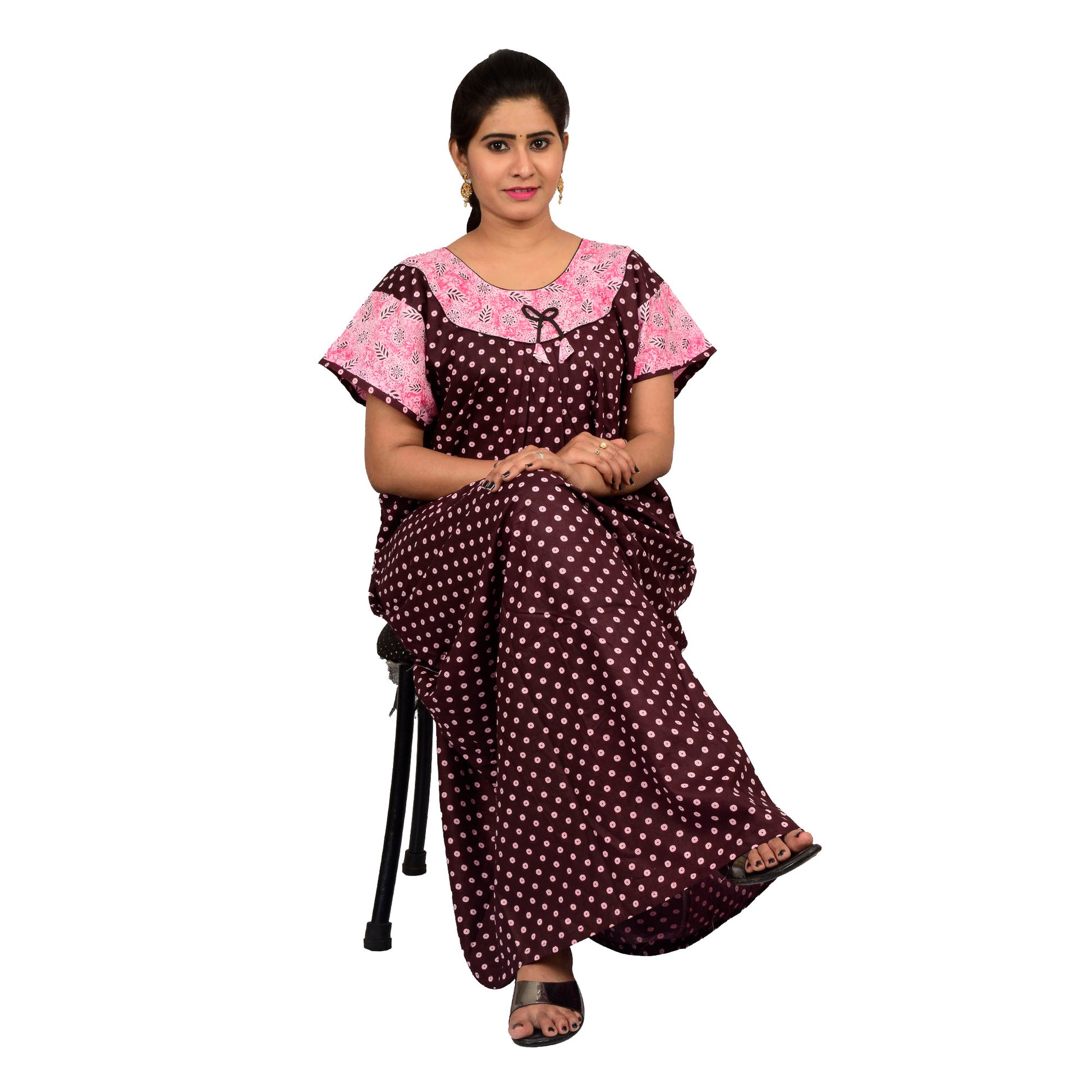 Printed Cotton Nighty For Women - Pink