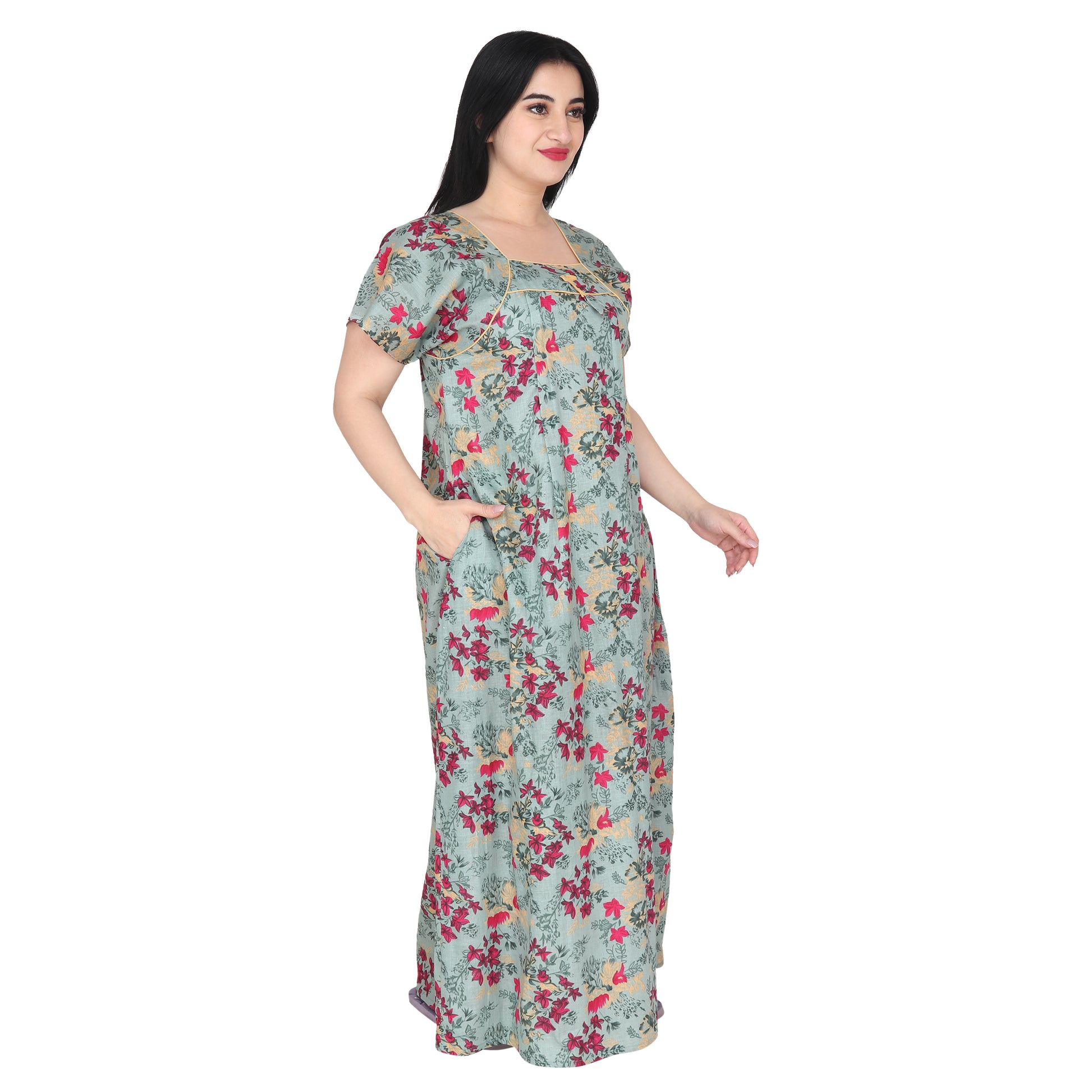 Printed Cotton Maternity Feeding Nighty For Women - Green