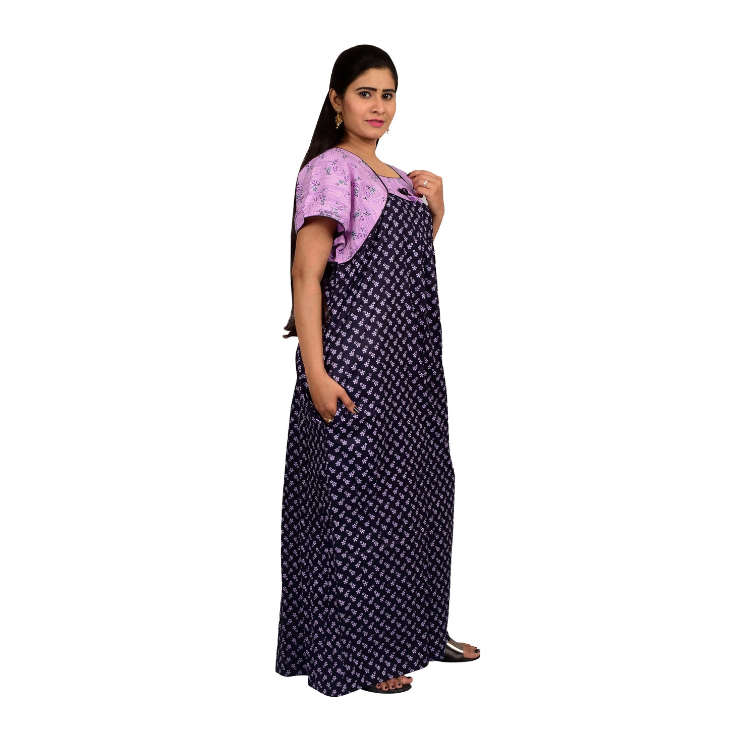 Printed Cotton Nighty For Women - Purple
