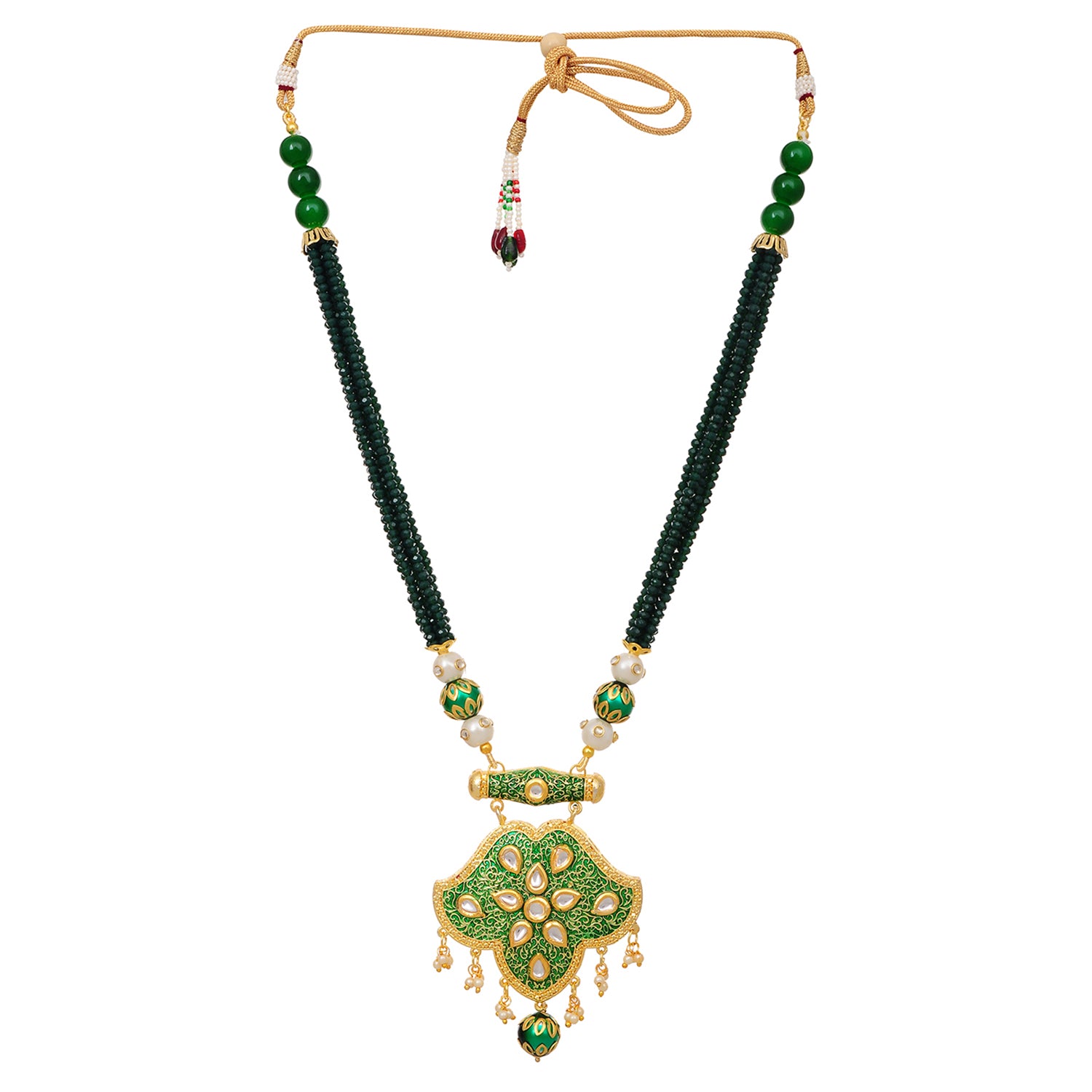 Gold Plated Enameled Kundan Meenakari Beaded Necklace with Earrings Set for Women (Green)