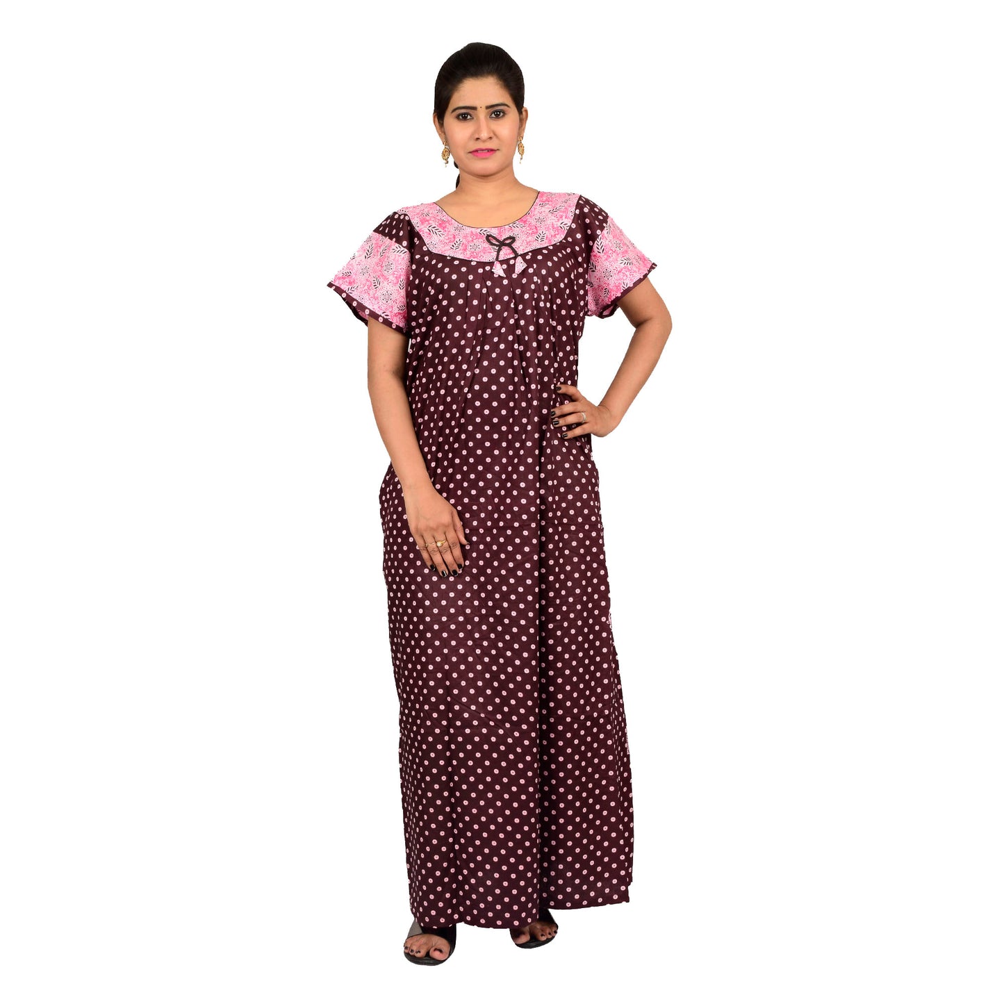 Printed Cotton Nighty For Women - Pink