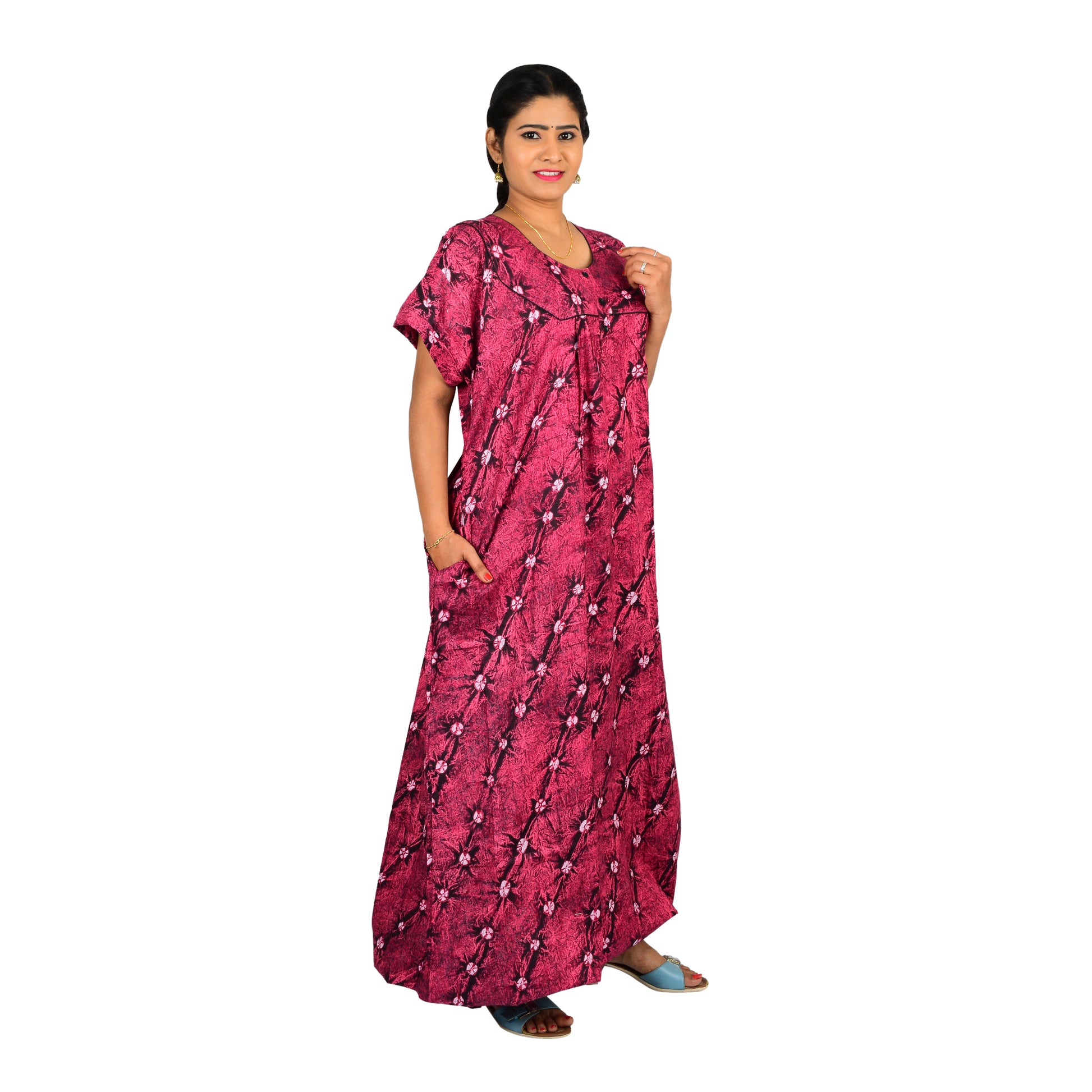 Printed Cotton Nighty For Women - Pink