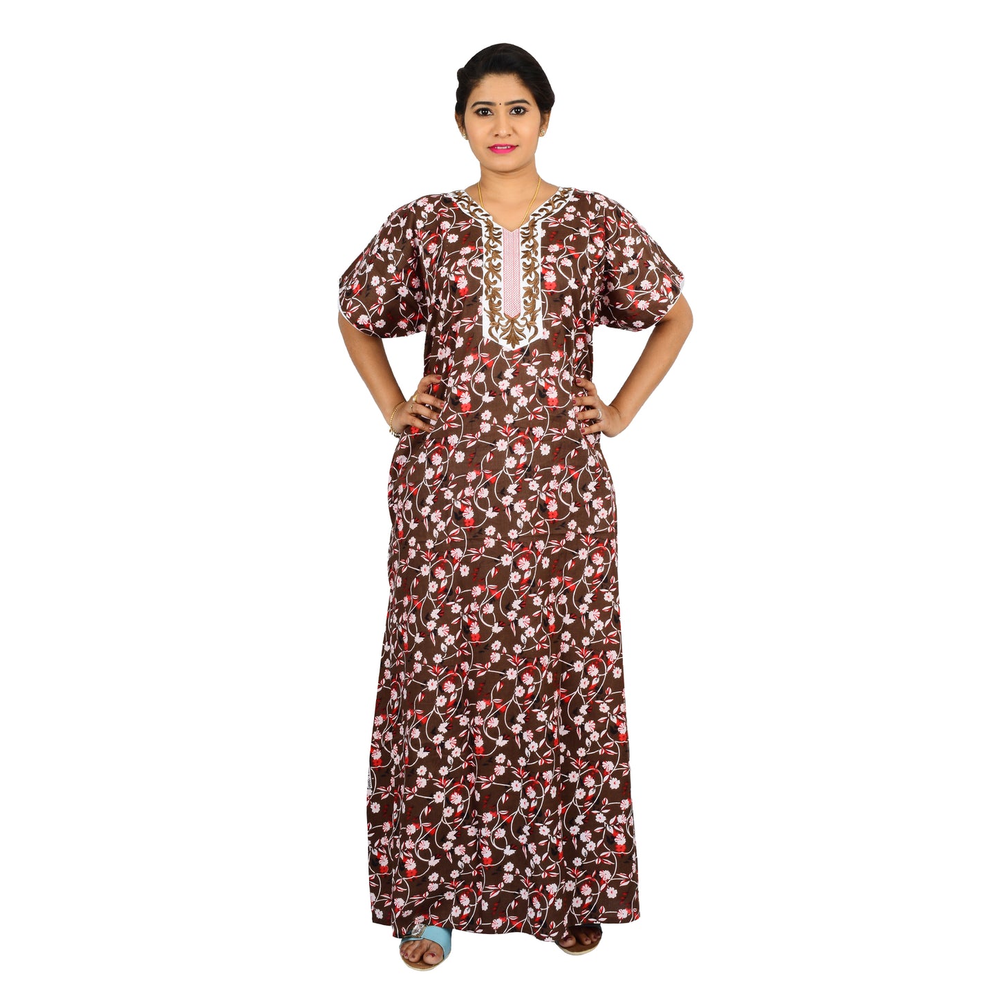 Printed Cotton Nighty For Women - Brown
