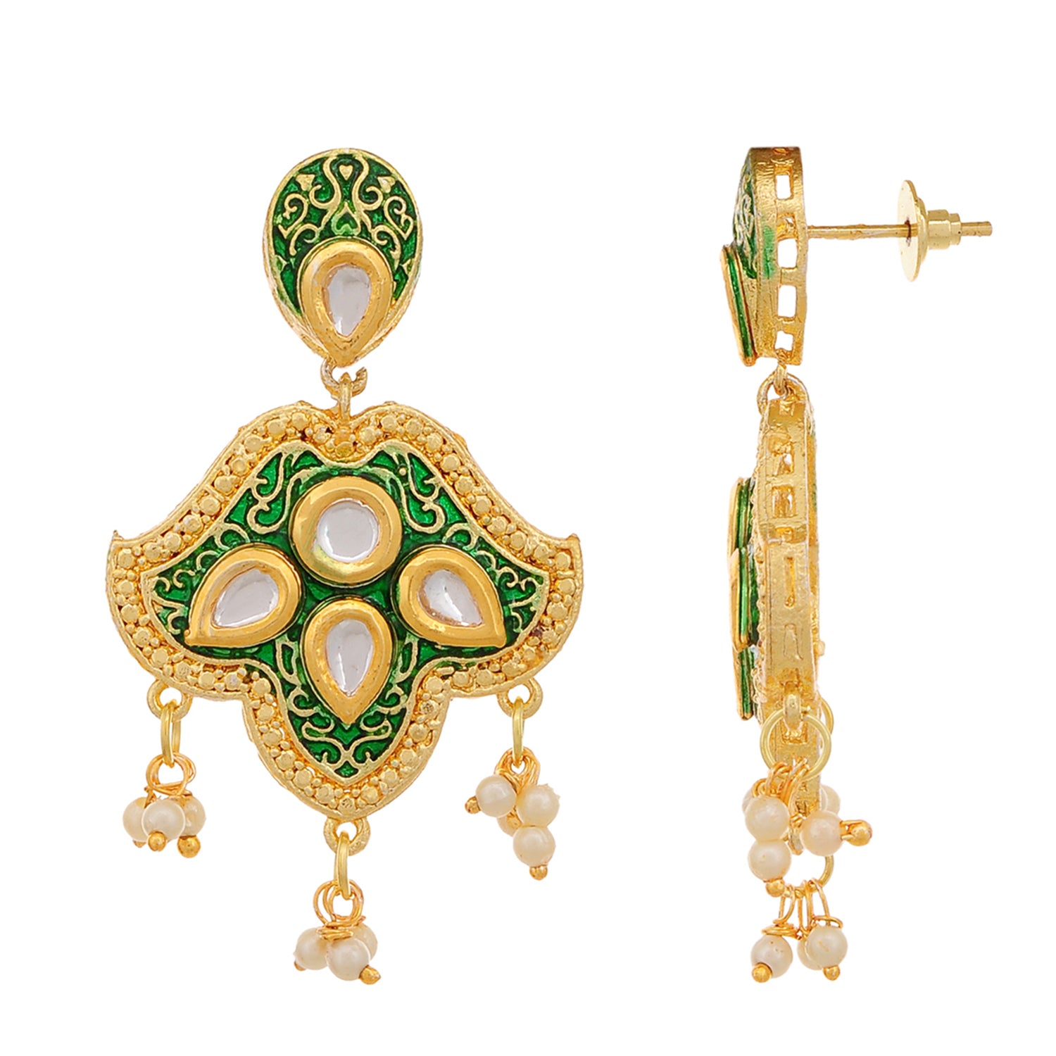 Gold Plated Enameled Kundan Meenakari Beaded Necklace with Earrings Set for Women (Green)