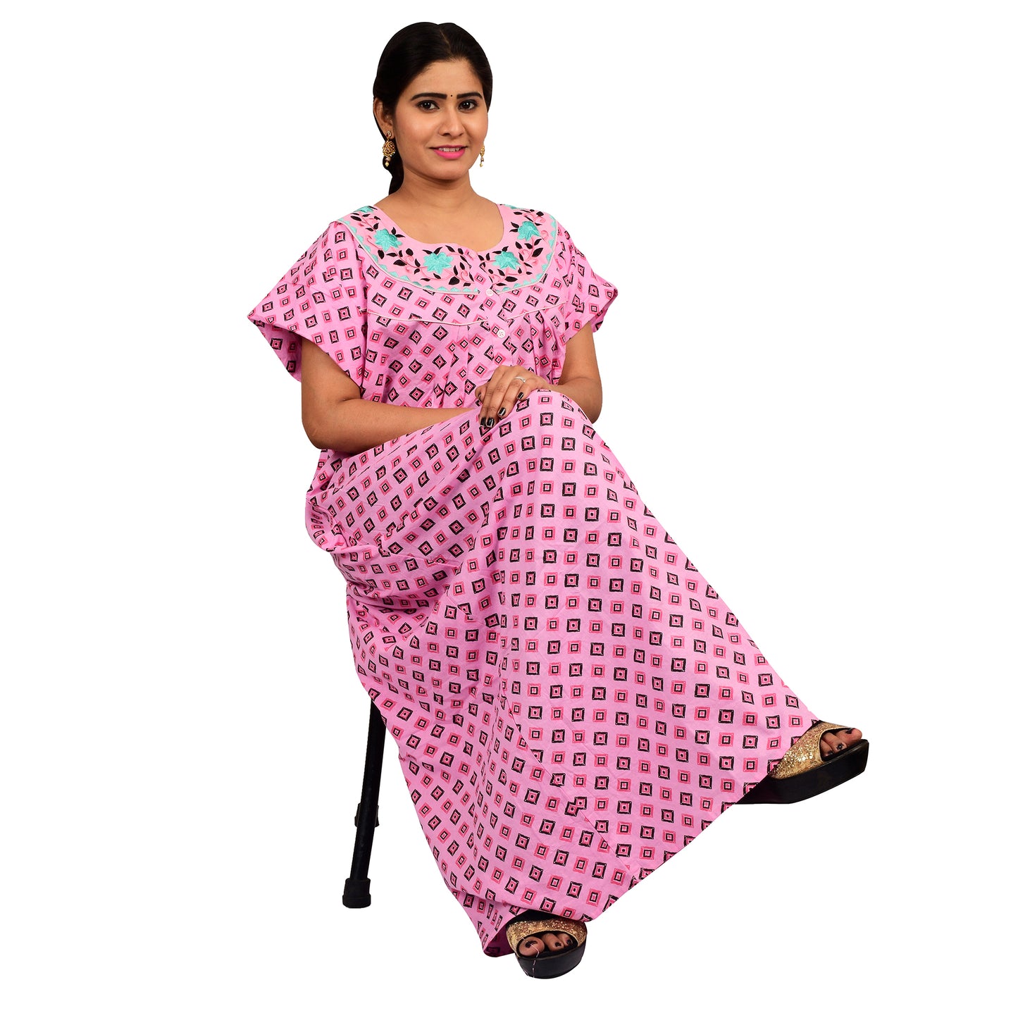 Embroidery Printed Cotton Nighty For Women - Pink