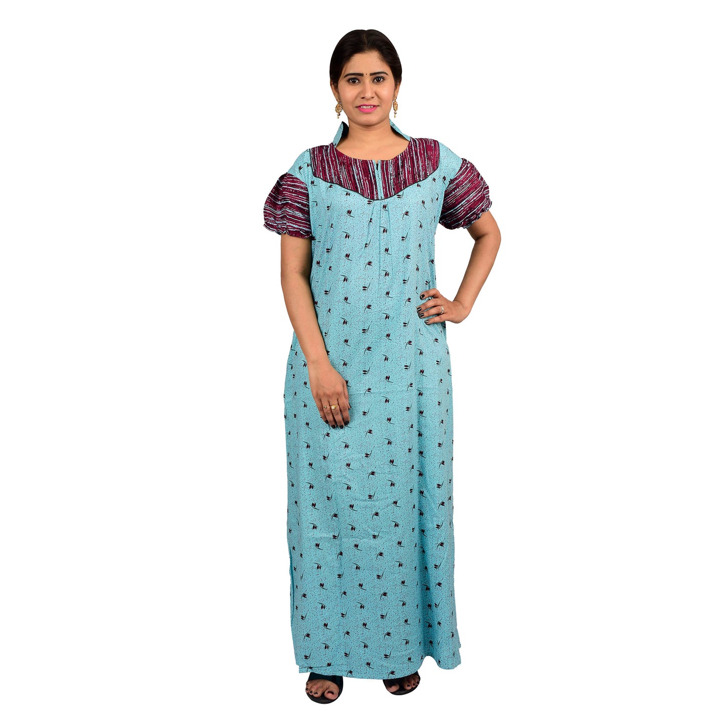 Printed Cotton Nighty For Women - Green