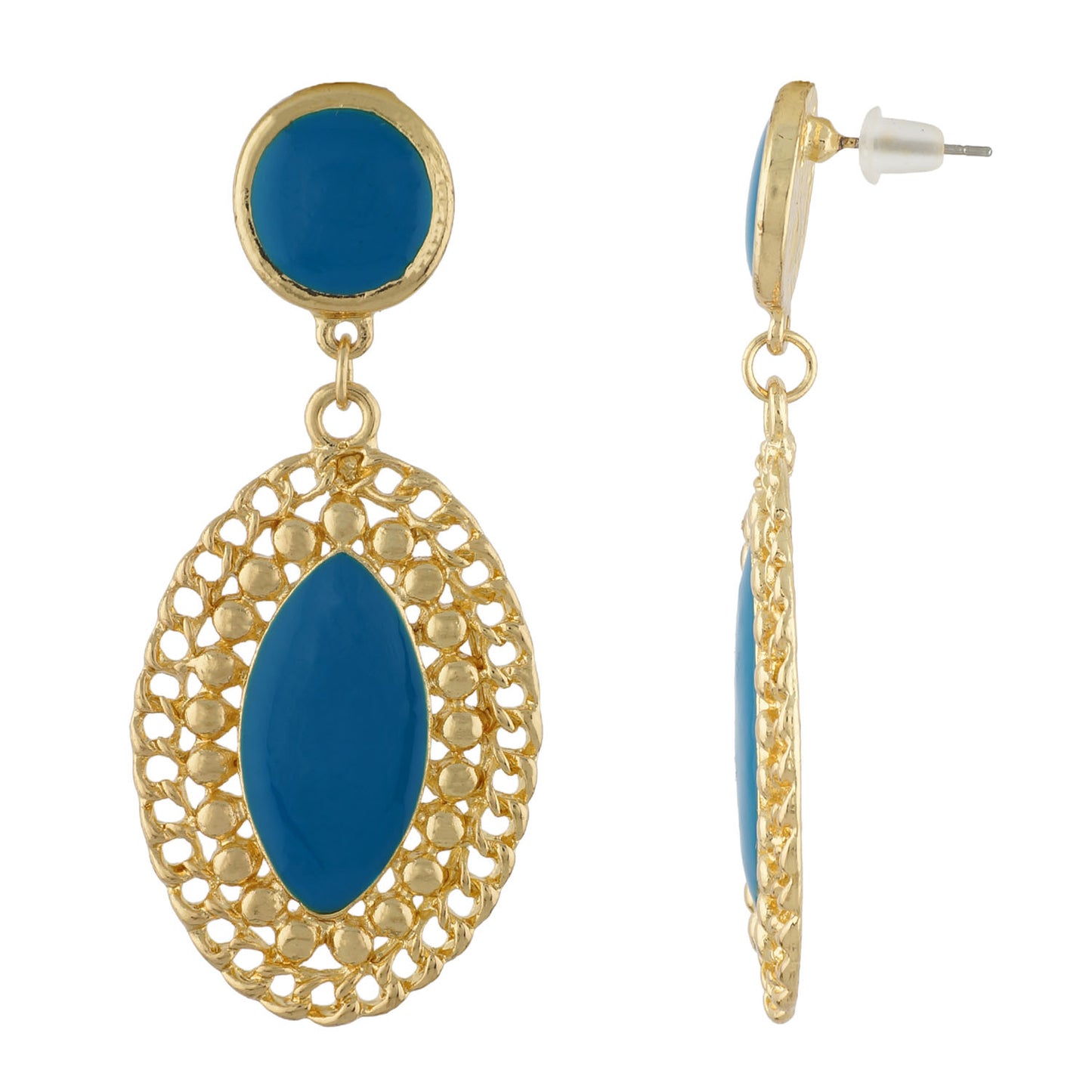 Stylish Blue and Gold Colour Oval Shape Enamel Enhanced Earring for Girls and Women