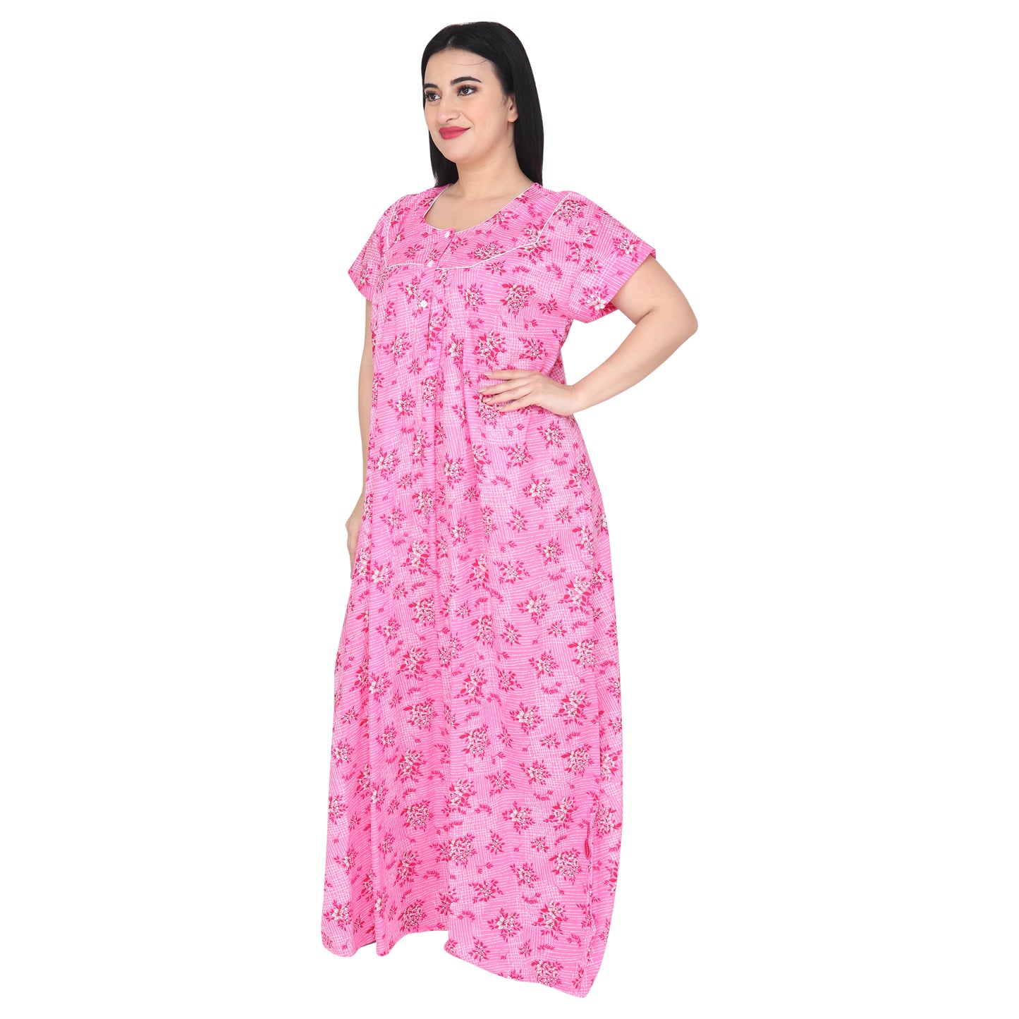 Printed Cotton Nighty For Women - Pink