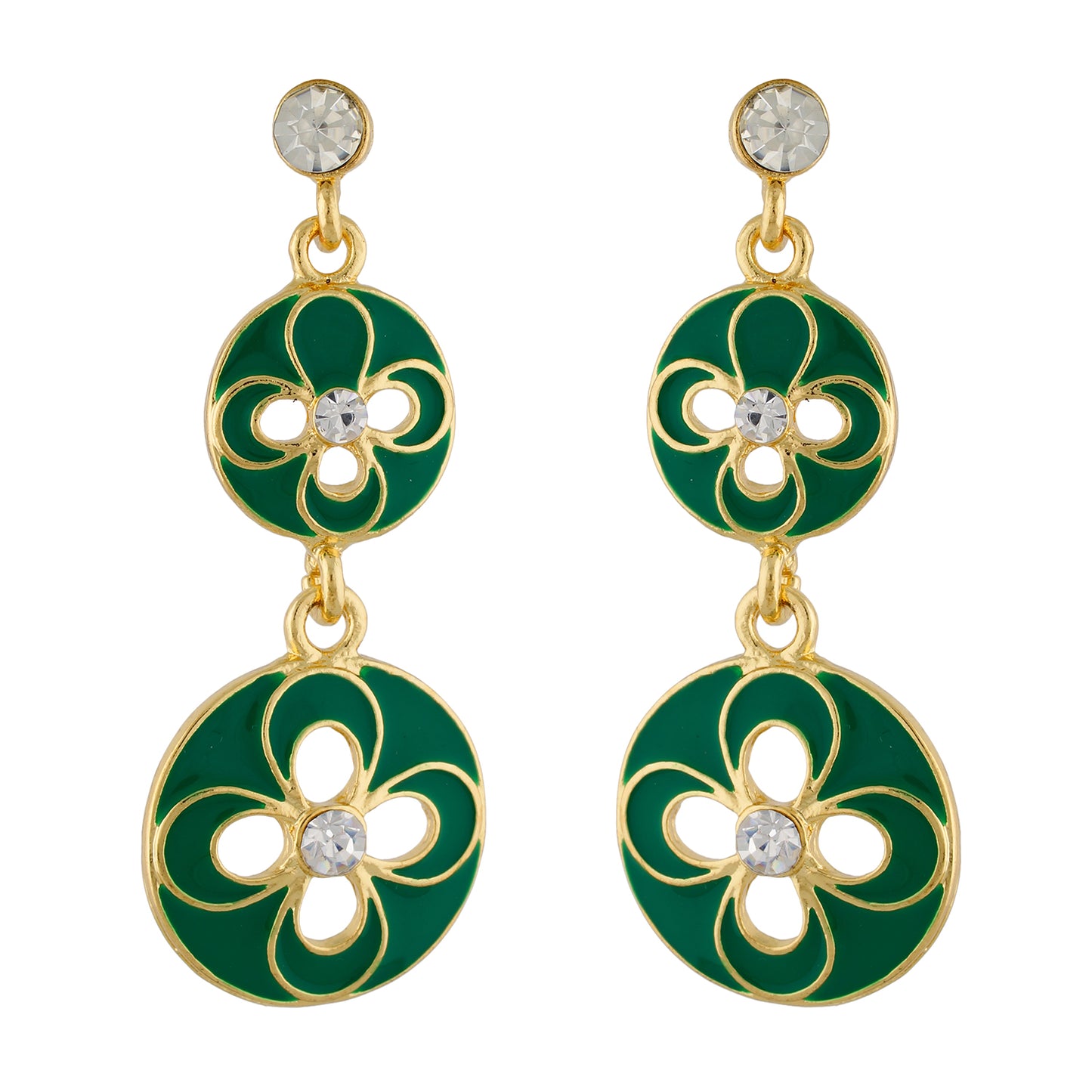 Modish Green and Gold Colour Floral and Round Shape Enamel Enhanced Earring for Girls and Women