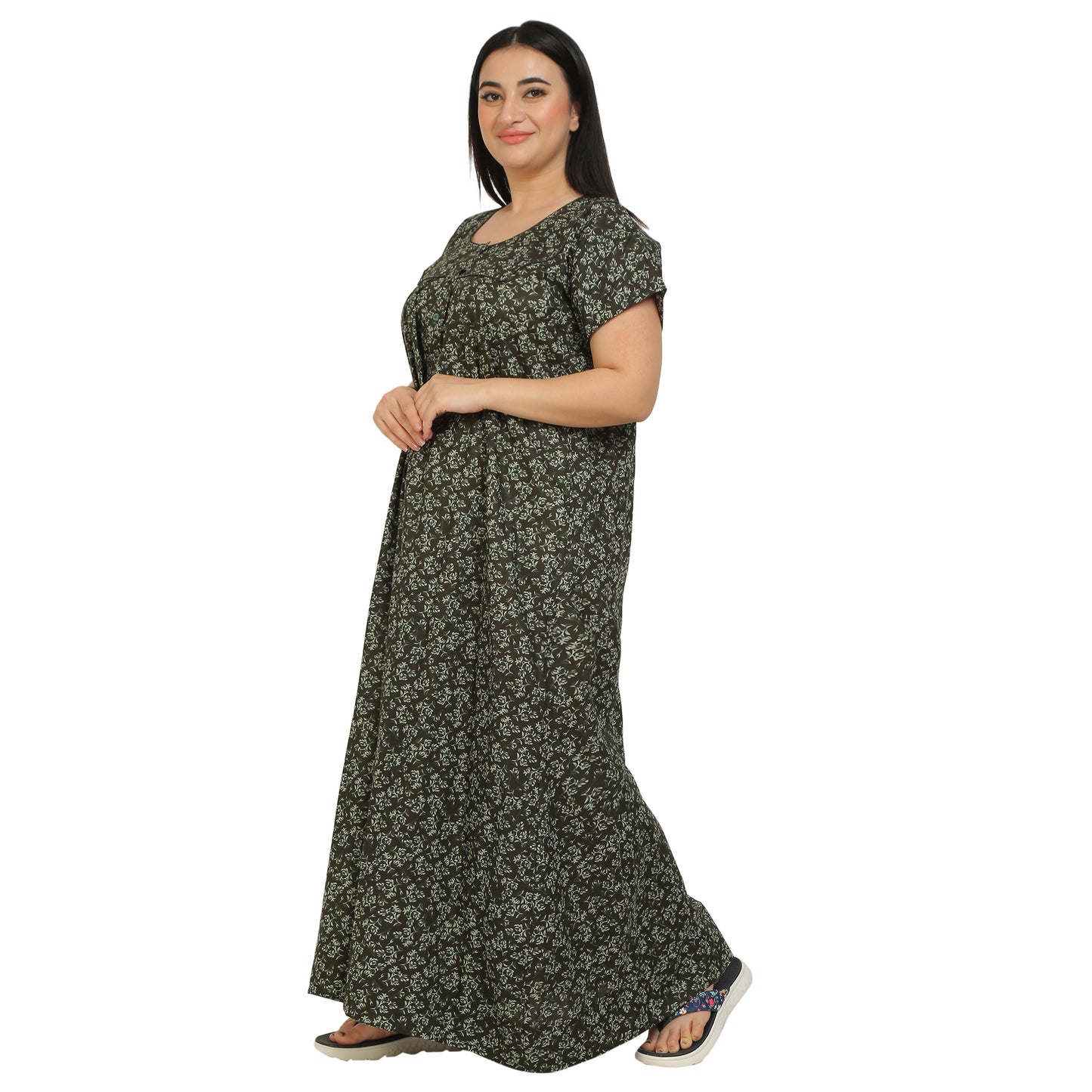 Printed Cotton Nighty For Women - Light Green