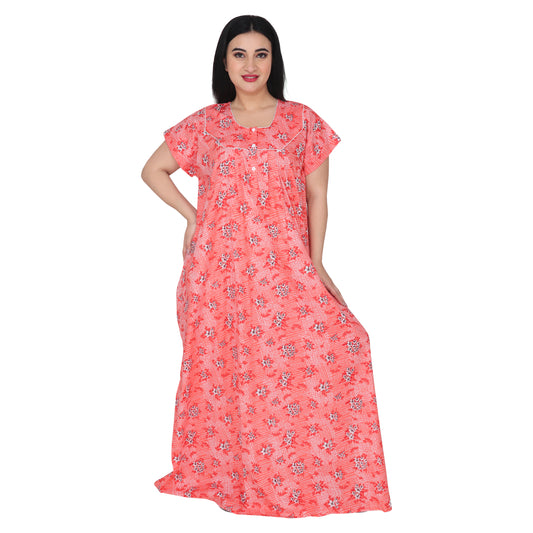 Printed Cotton Nighty For Women - Orange