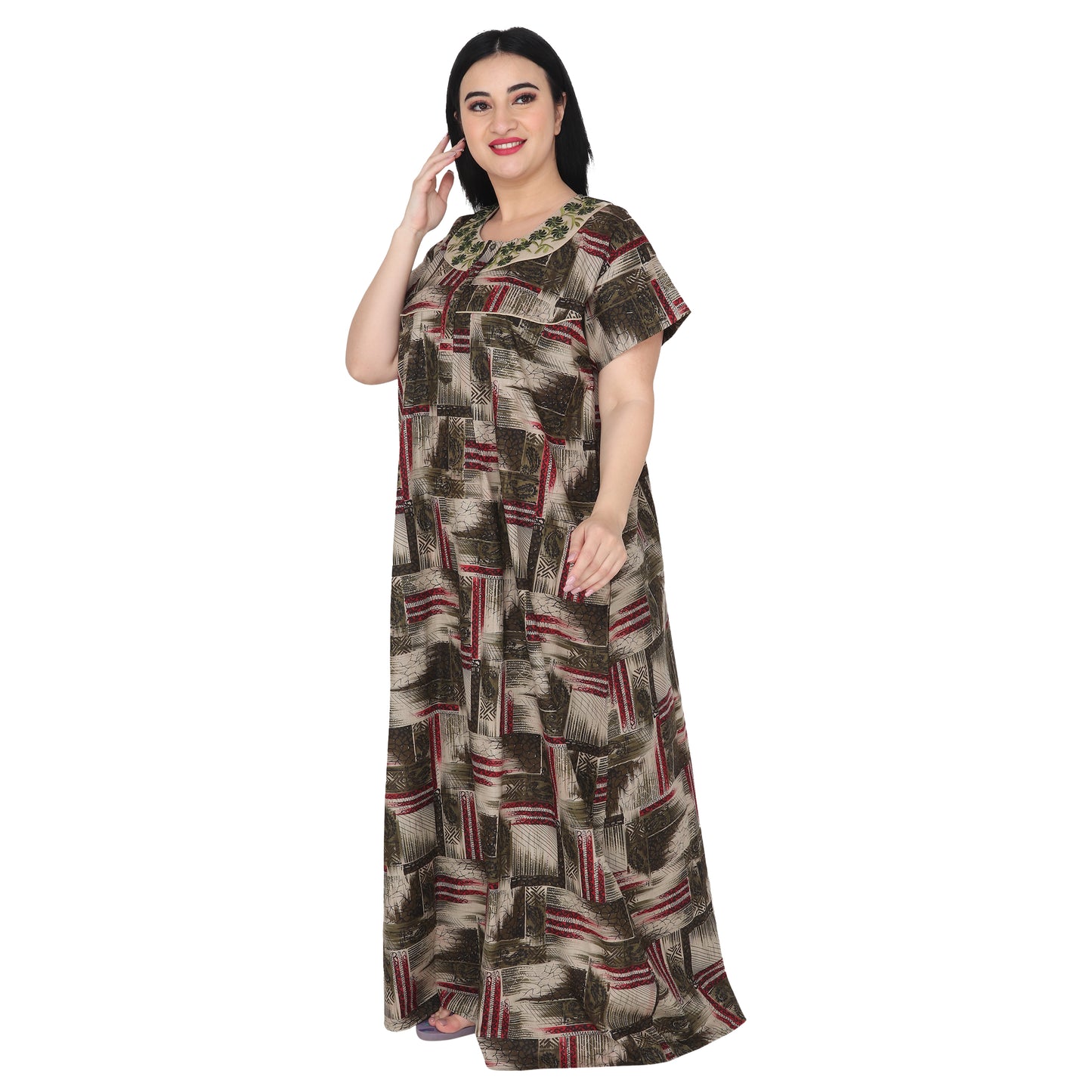 Embroidery Printed Cotton Nighty For Women - Green