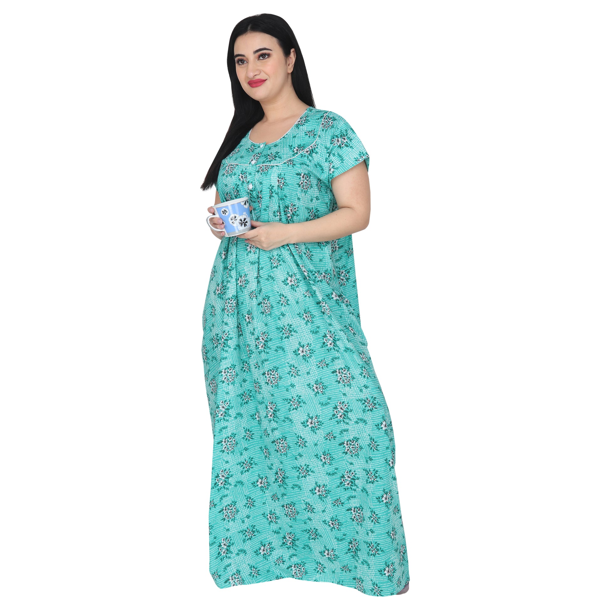 Printed Cotton Nighty For Women - Green
