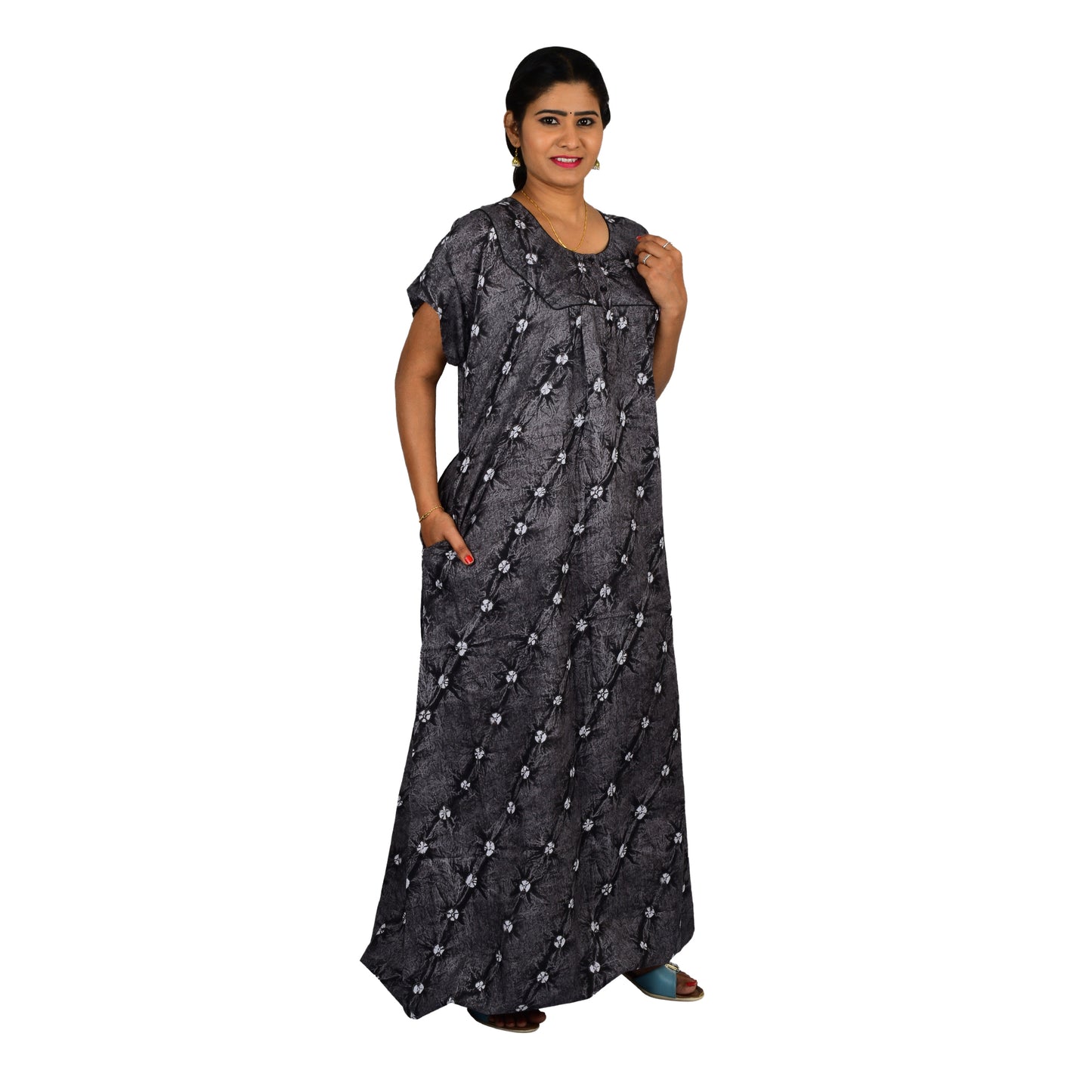 Printed Cotton Nighty For Women - Grey
