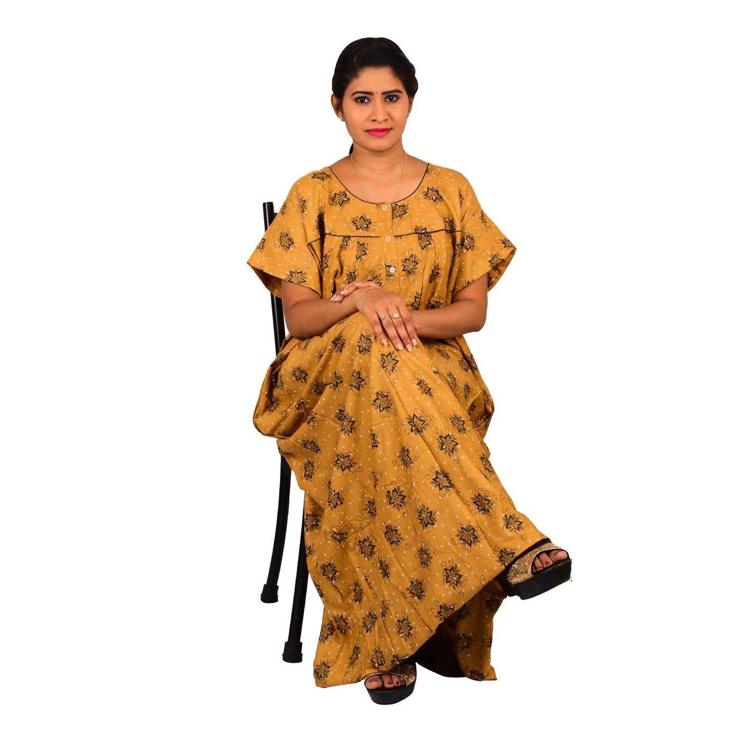 Printed Rayon Nighty For Women - Brown
