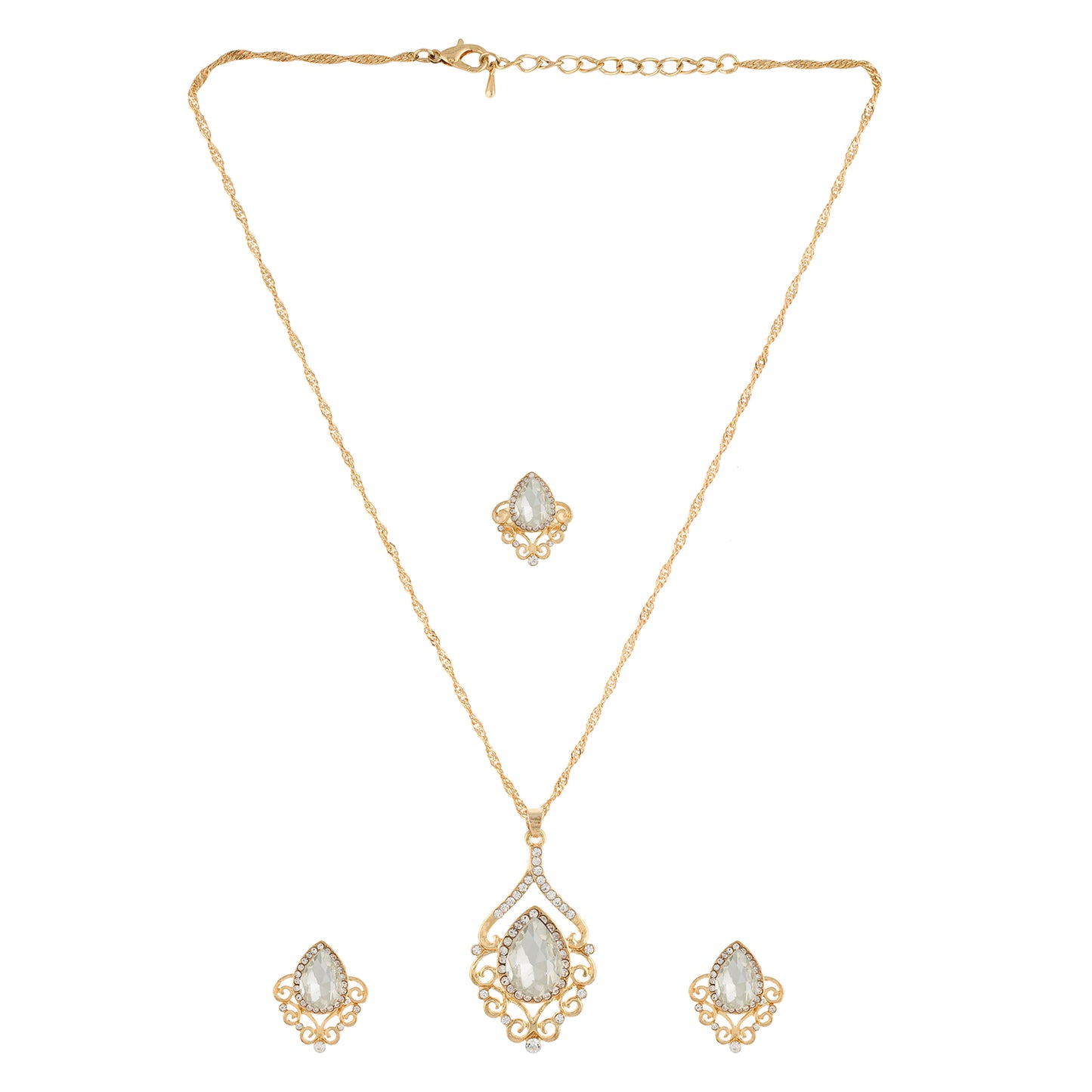 White Colour Drop Pendant with Chain, Finger ring and Earrings for Girls and Women