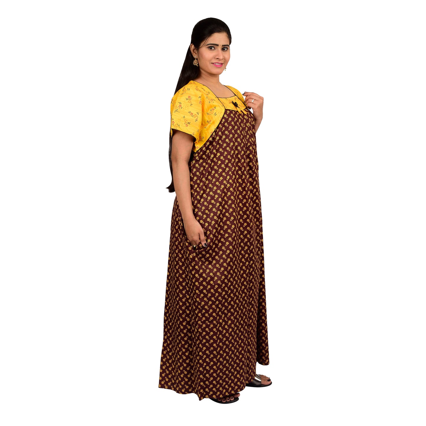 Printed Cotton Nighty For Women - Yellow