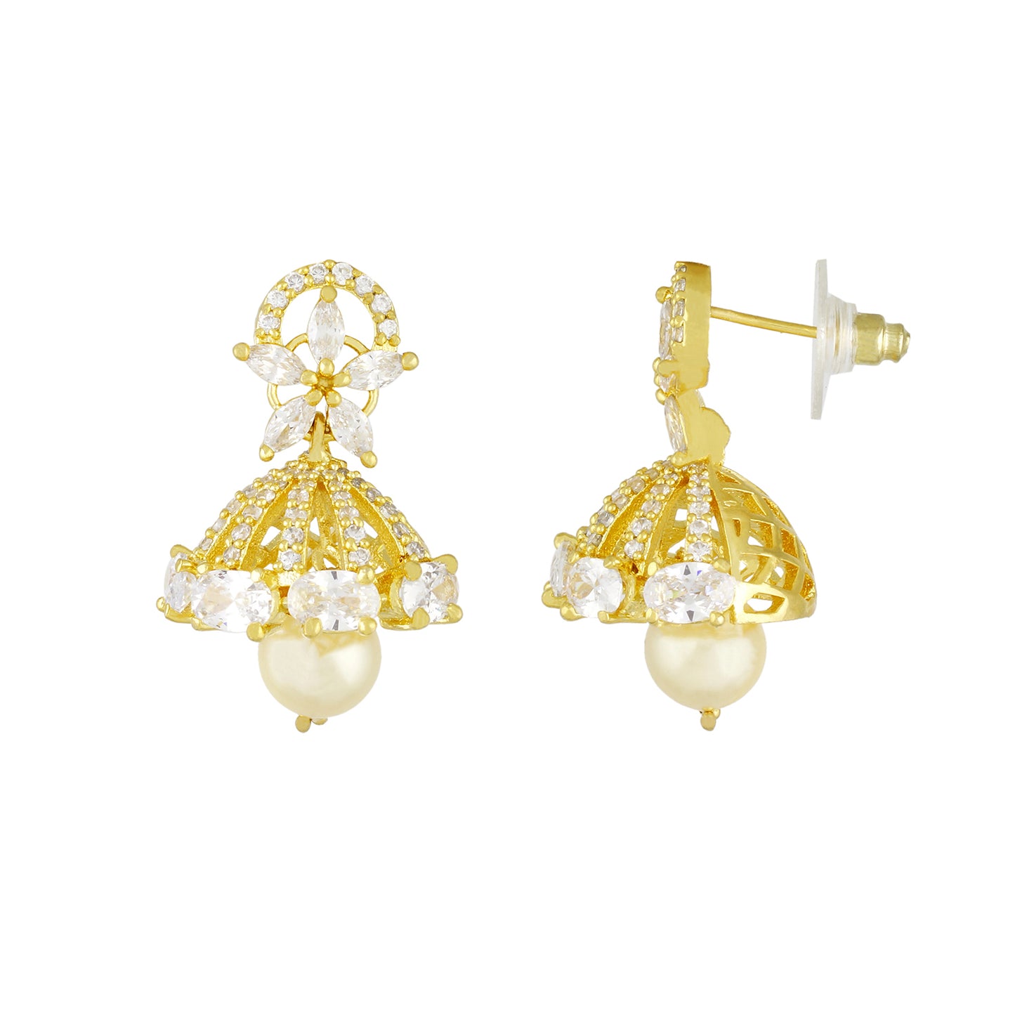 Stylish Gold Plated CZ Copper Jhumki with Pearl Hanging for Ladies and Girls