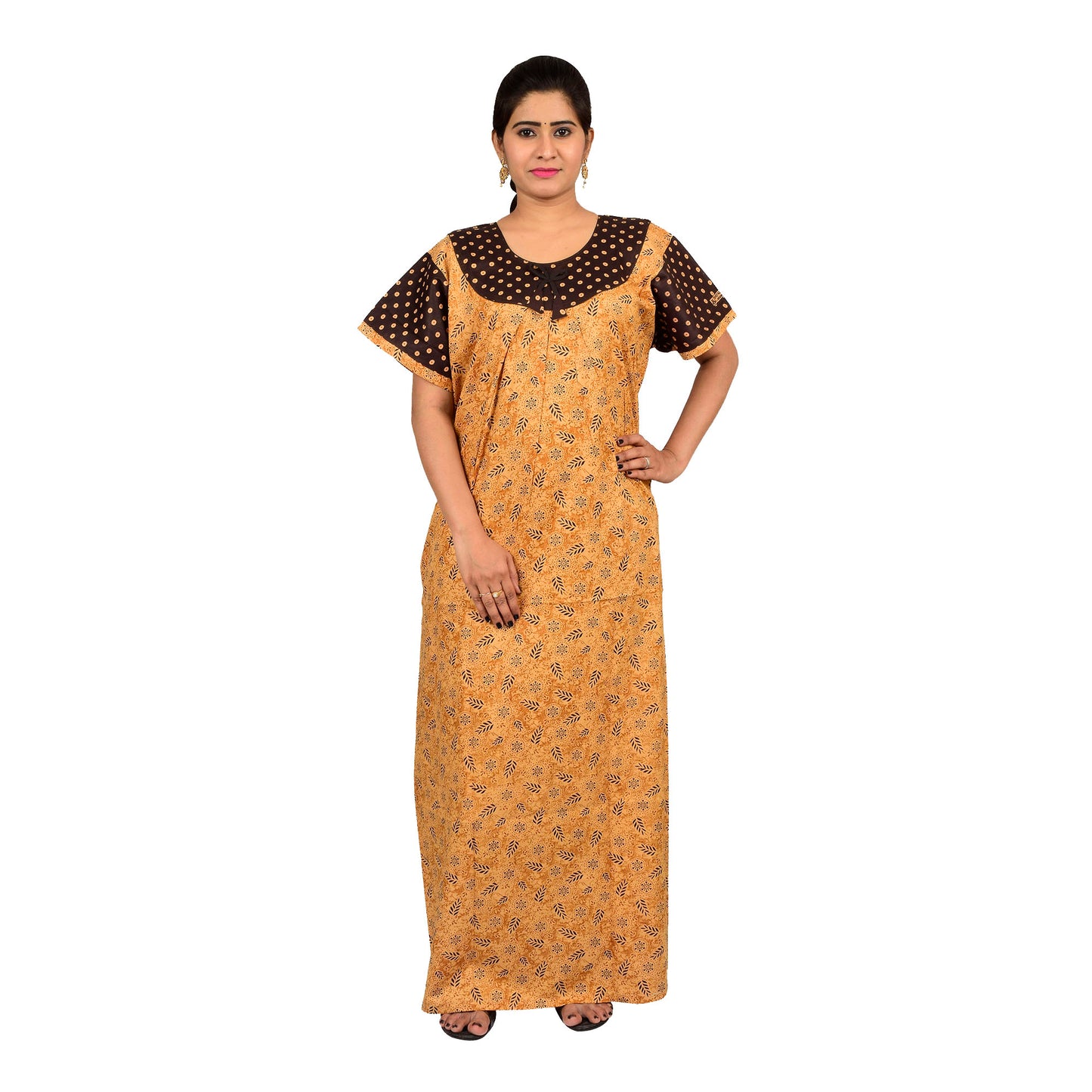 Printed Cotton Nighty For Women - Brown