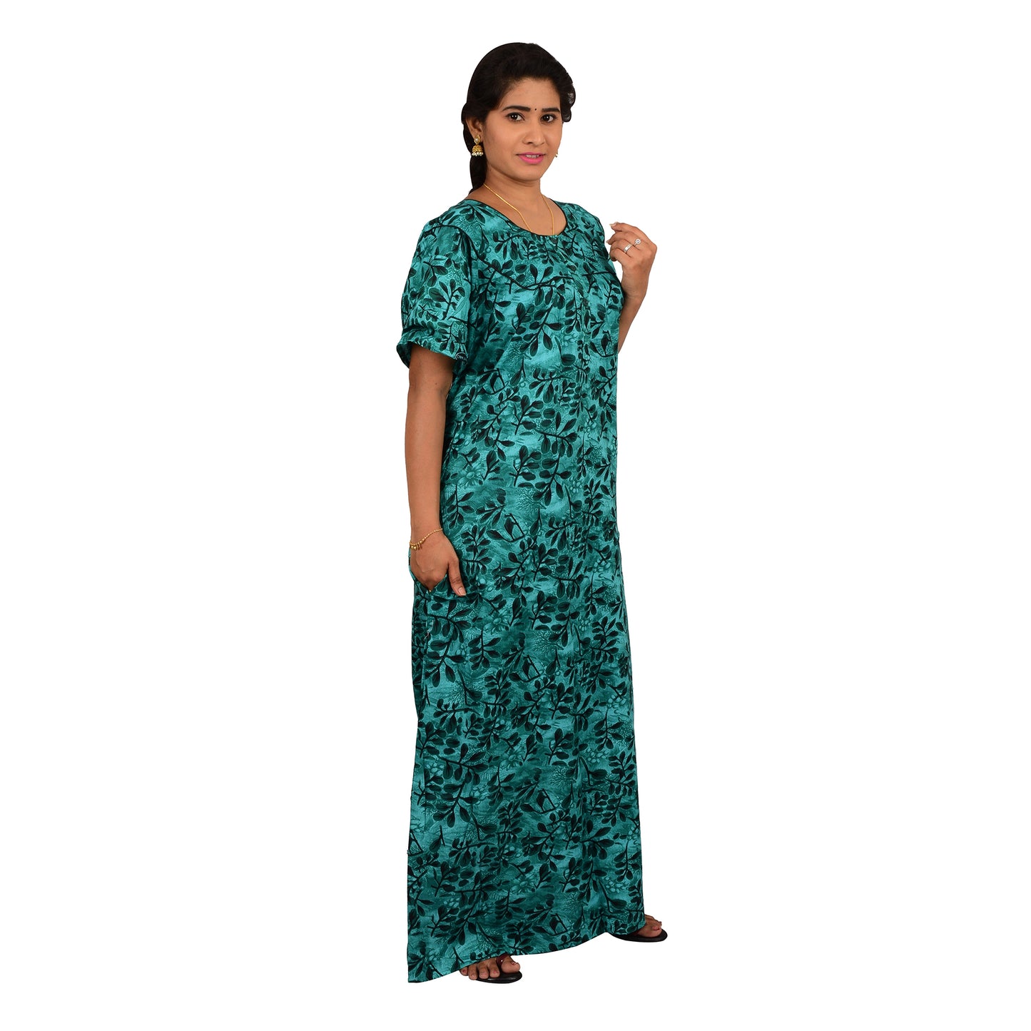 Printed Cotton Nighty For Women - Dark Green