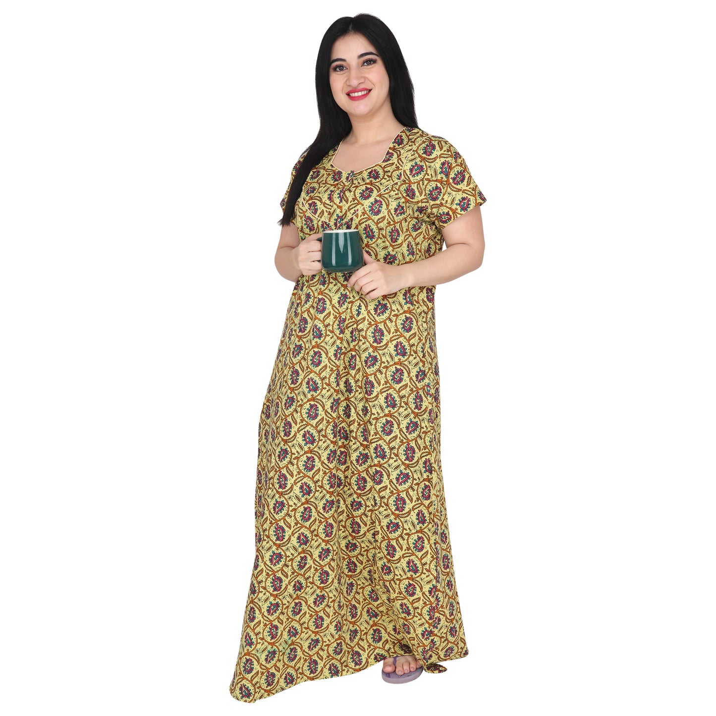 Printed Cotton Nighty For Women - Yellow