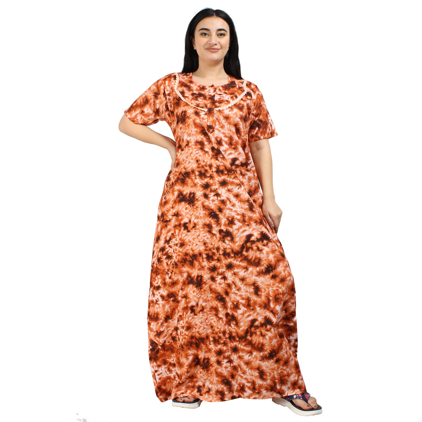 Printed Cotton Nighty For Women - Orange