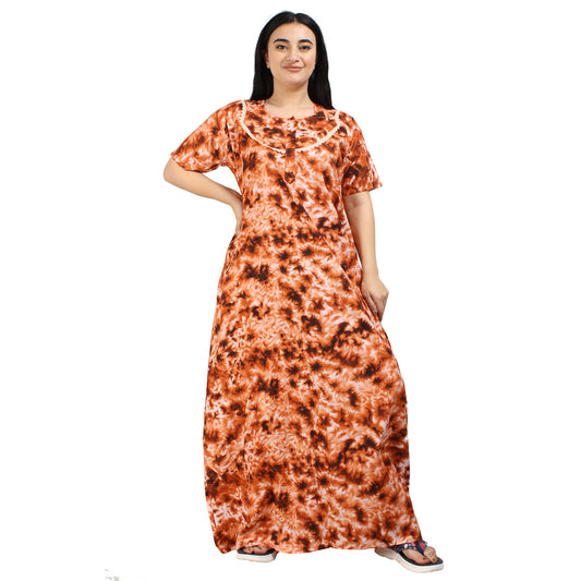 Printed Cotton Nighty For Women - Orange