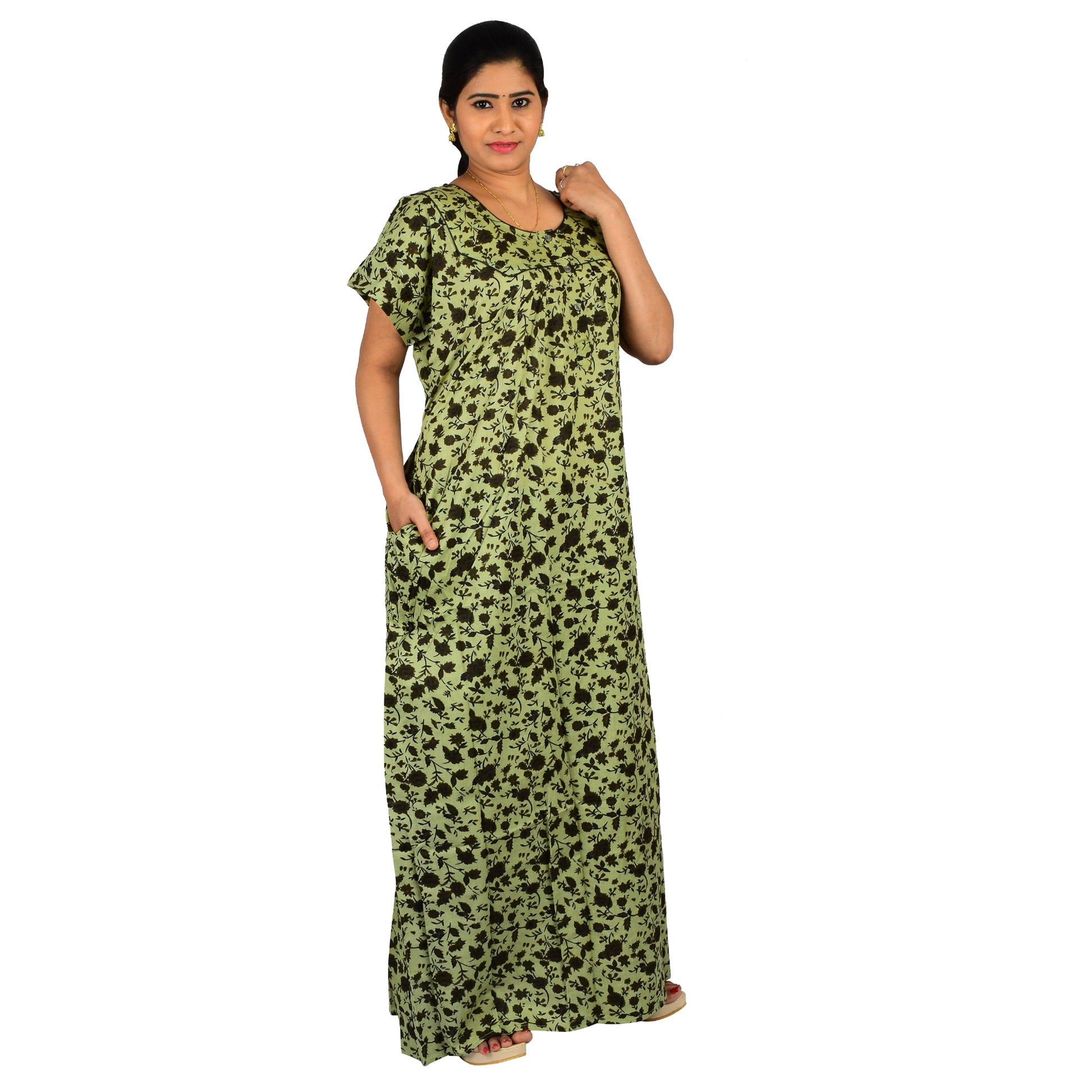 Printed Cotton Nighty For Women - Green