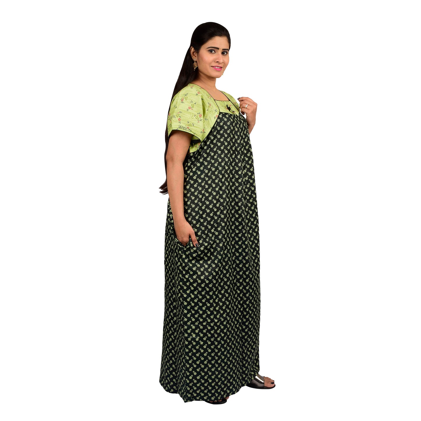 Printed Cotton Nighty For Women - Green