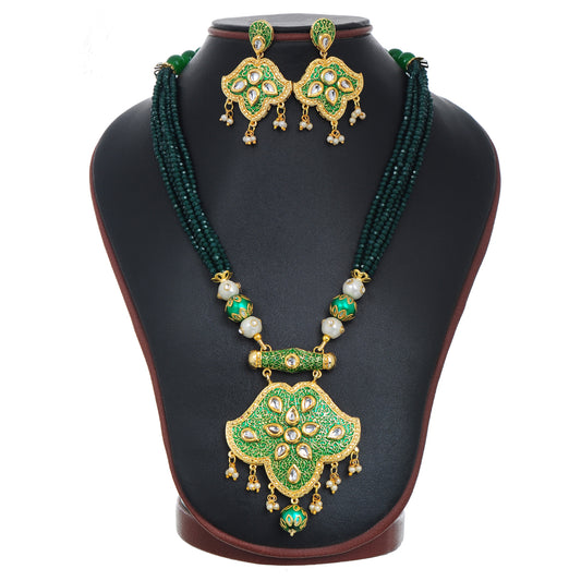 Gold Plated Enameled Kundan Meenakari Beaded Necklace with Earrings Set for Women (Green)