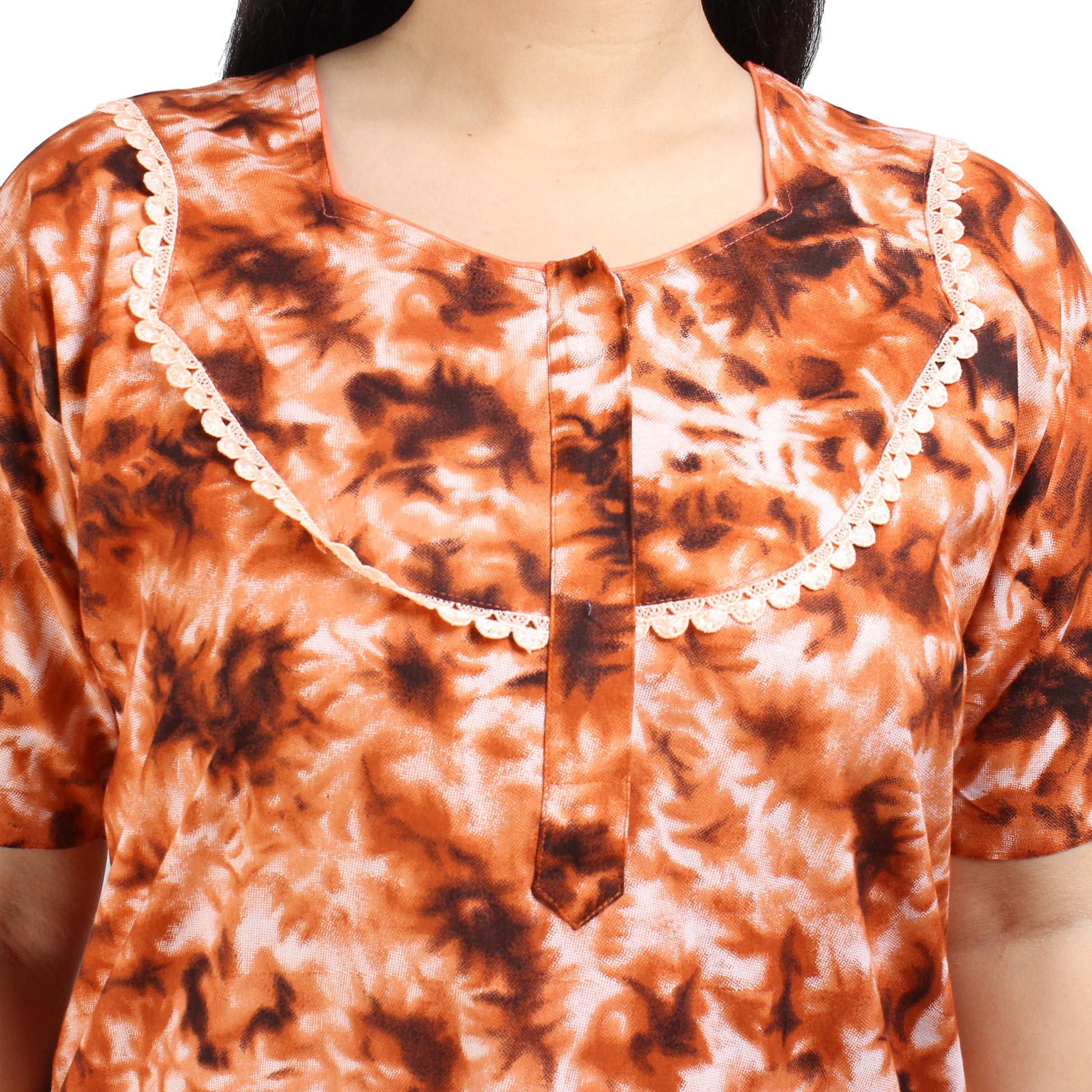 Printed Cotton Nighty For Women - Orange