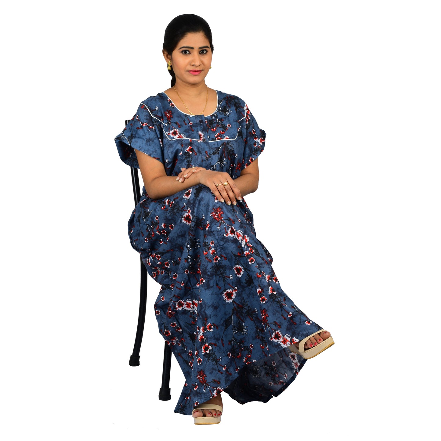Printed Cotton Nighty For Women - Blue
