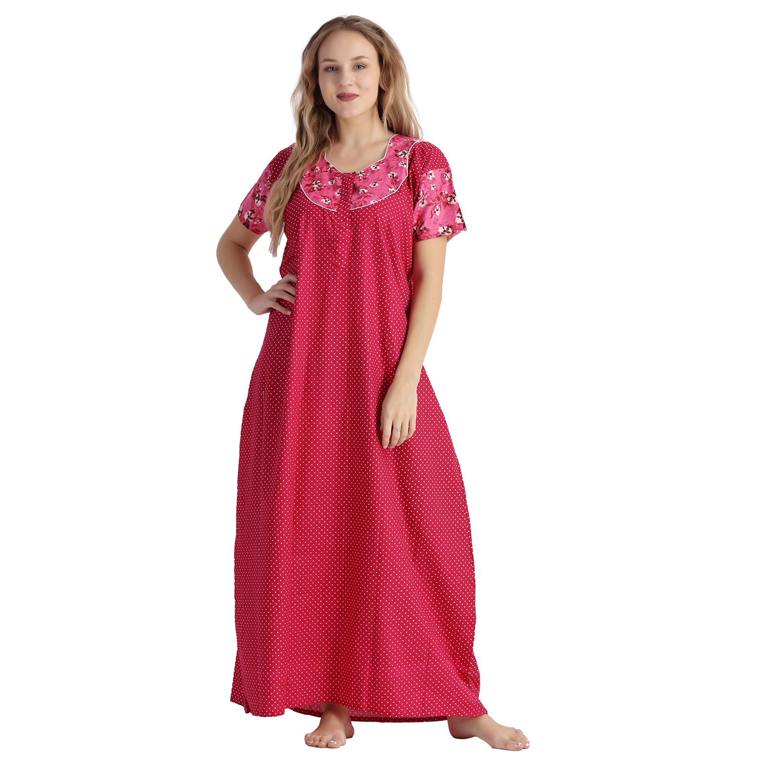 Printed Cotton Nighty For Women - Pink