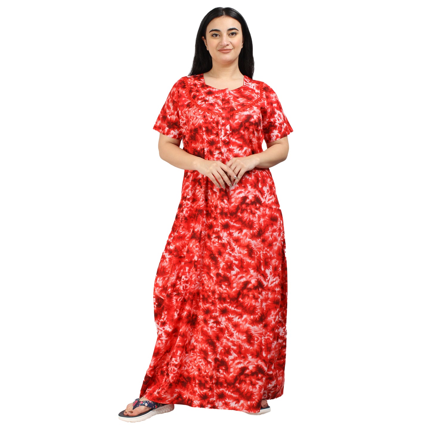 Printed Cotton Nighty For Women - Red