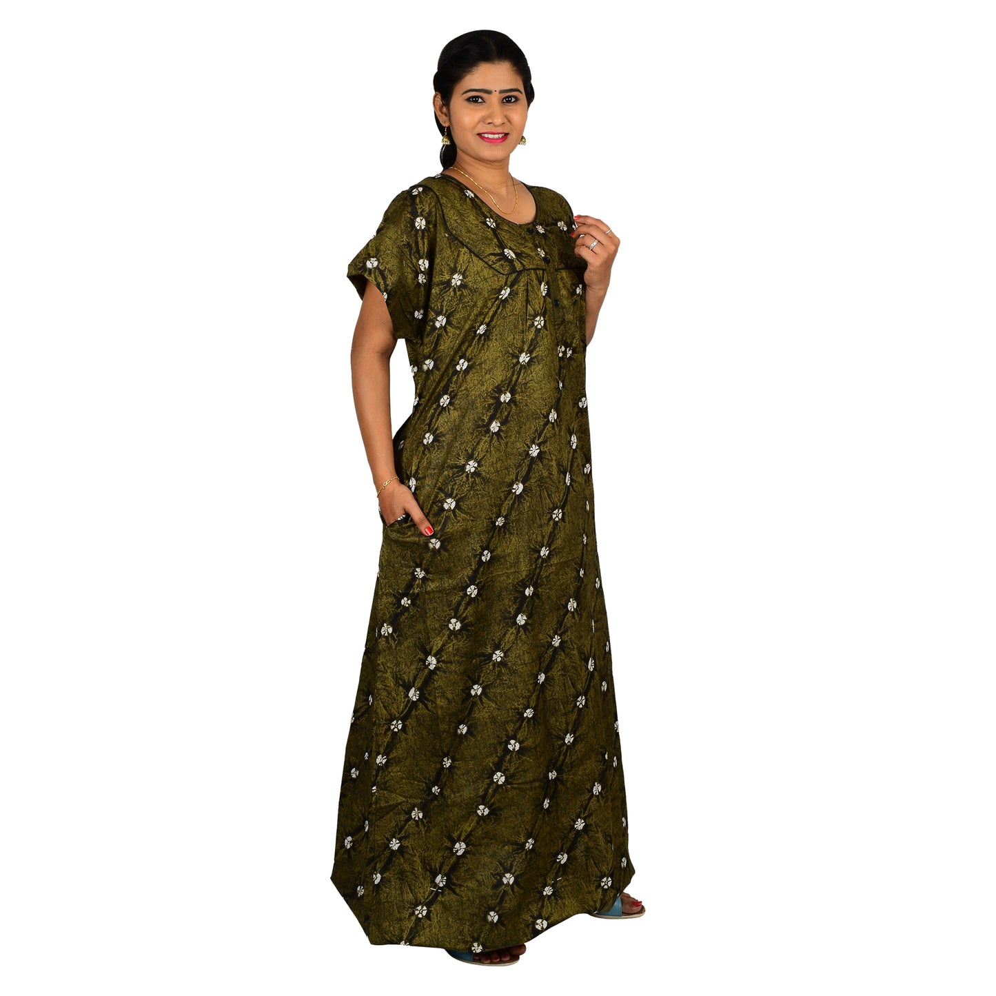 Printed Cotton Nighty For Women - Green