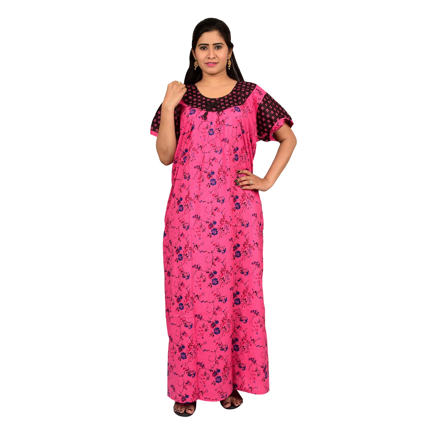 Printed Cotton Nighty For Women - Pink