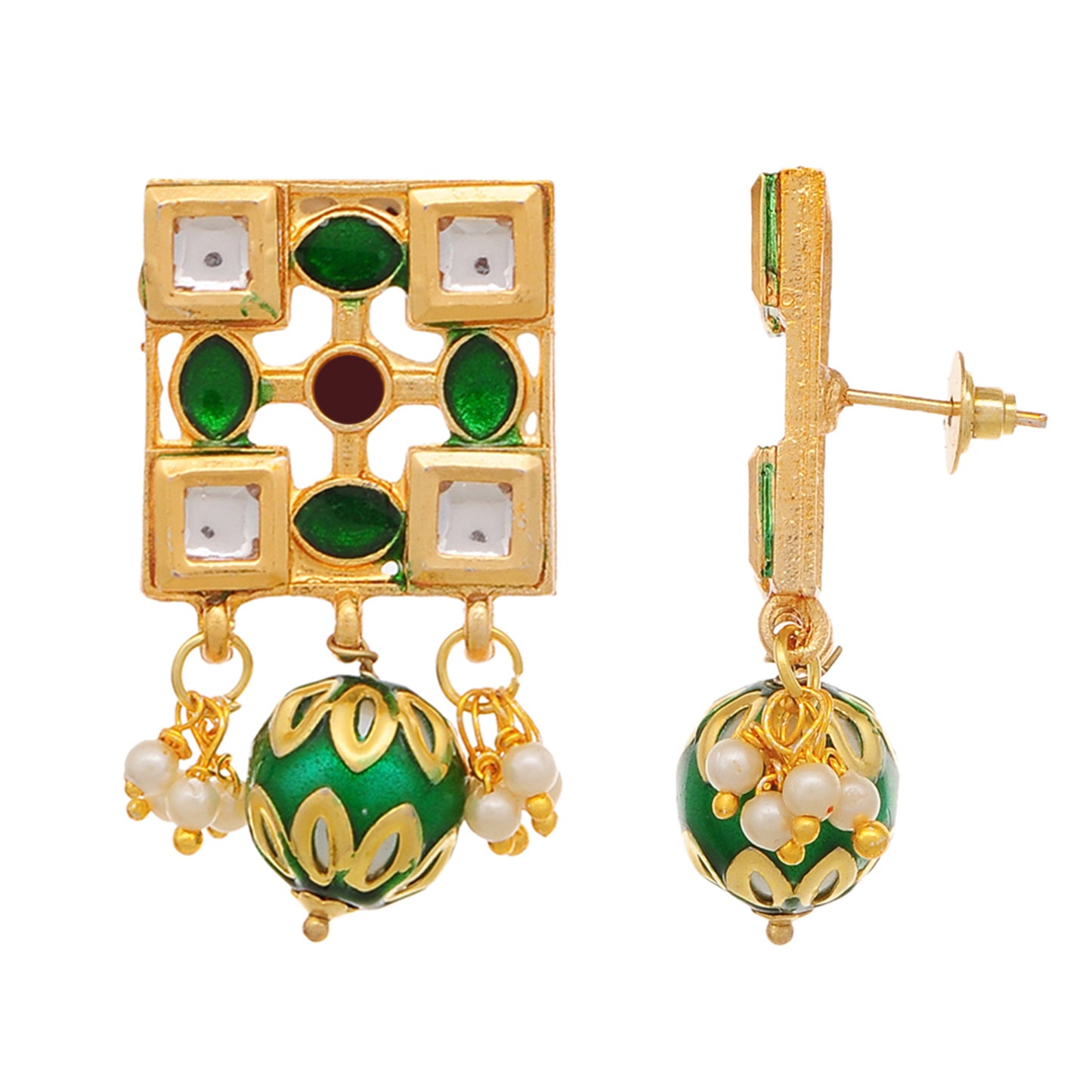 Gold Plated Enameled Kundan Meenakari Beaded Necklace with Earrings Set for Women (Green)